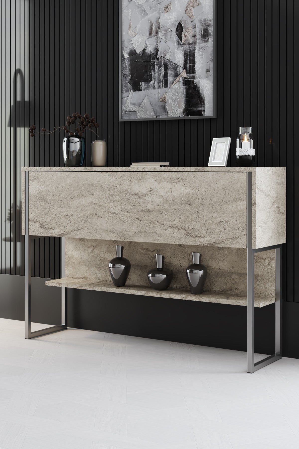 Meubelsets - Meubelset Travertin Luxe - Salontafel + TV Meubel + Dressoir - Zilver Frame - Dimehouse