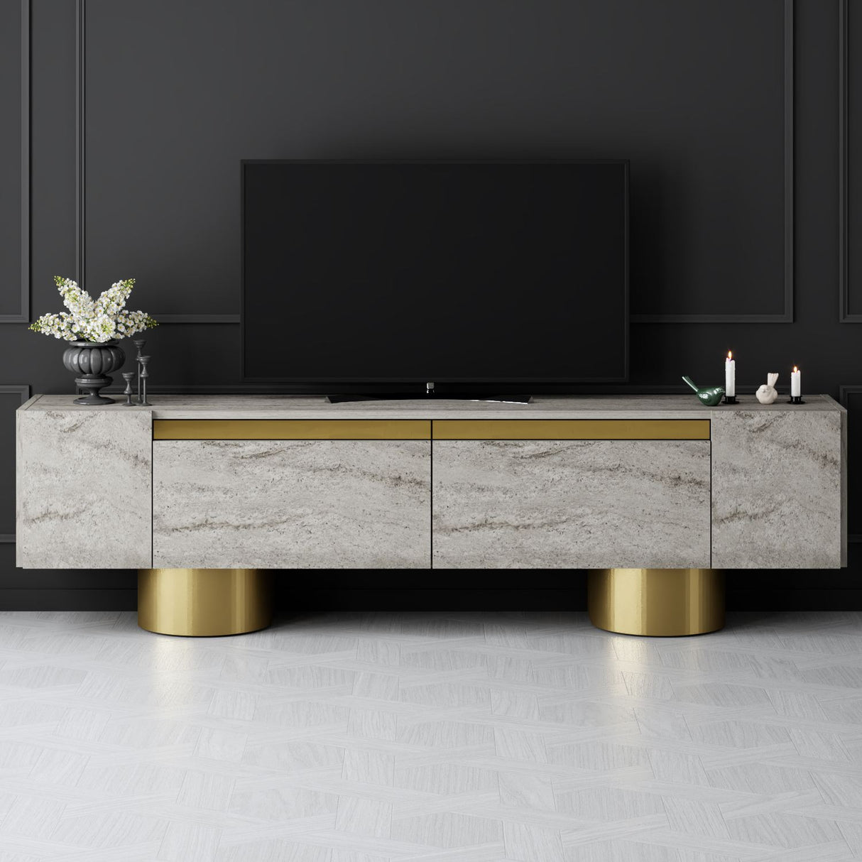 TV Meubels - TV Meubel Travertin Bohem 180x50x30 - Gouden Frame - Dimehouse