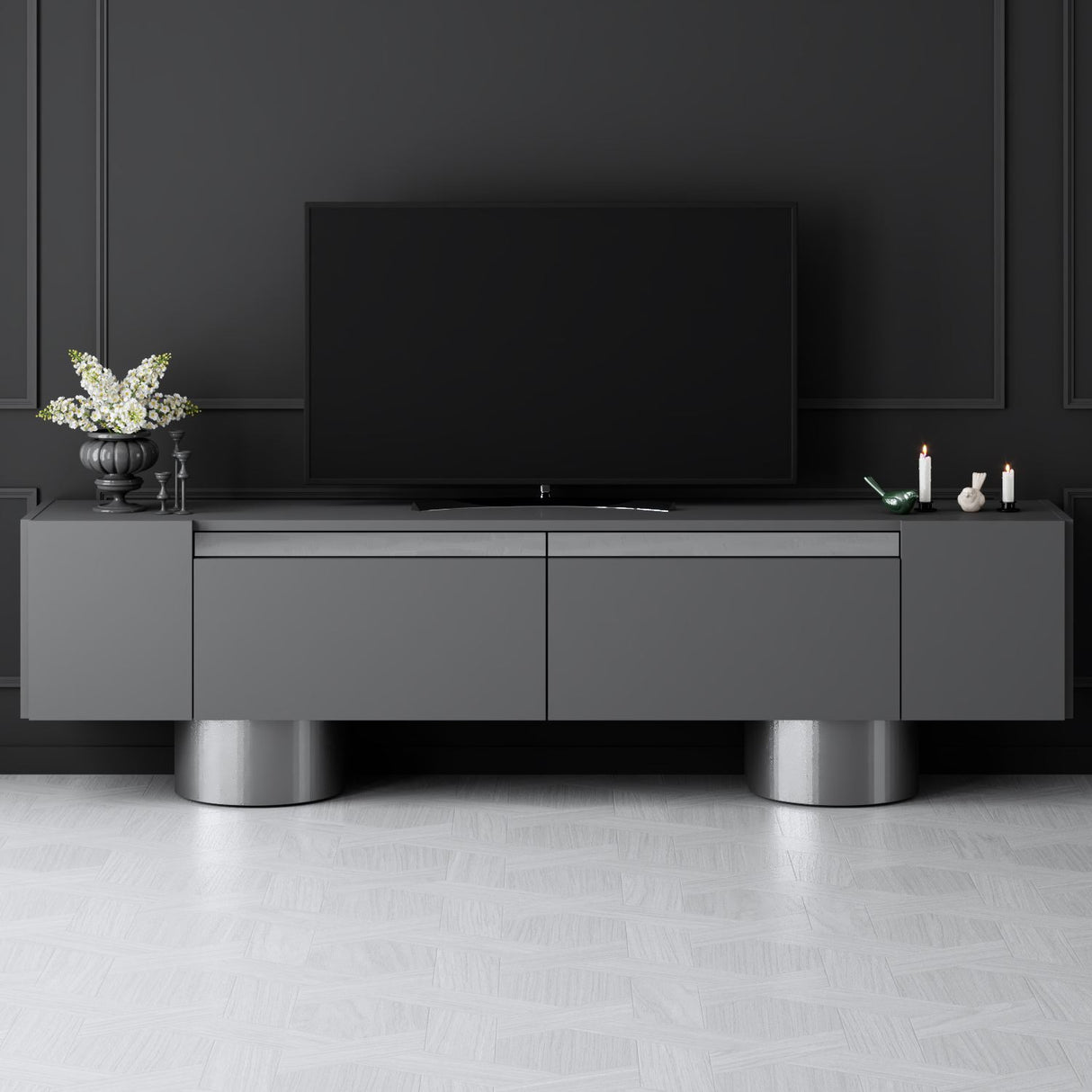 TV Meubels - TV Meubel Antraciet Bohem 180x50x30 - Zilver Frame - Dimehouse