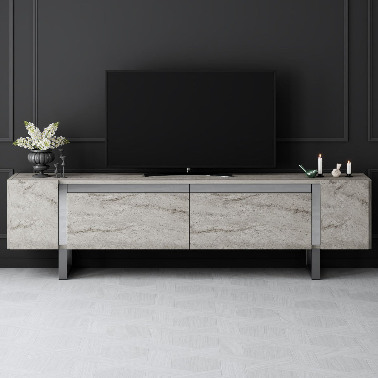 TV Meubels - TV Meubel Travertin Yildiz 180x50x30 - Zilver Frame - Dimehouse