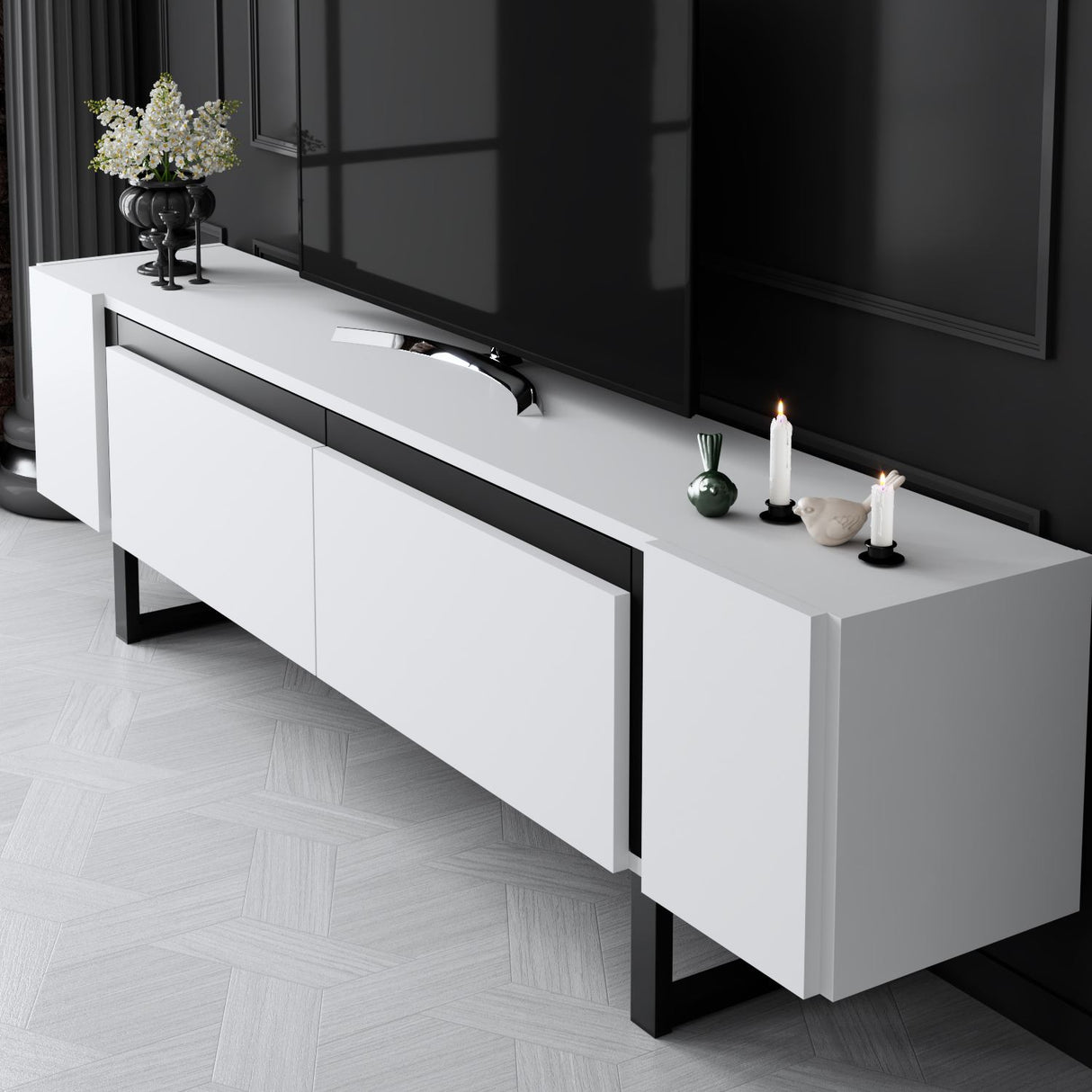 TV Meubels - TV Meubel Wit Yildiz 180x50x30 - Zwart Frame - Dimehouse