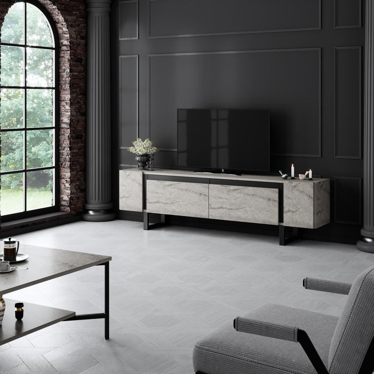 TV Meubels - TV Meubel Travertin Yildiz 180x50x30 - Zwart Frame - Dimehouse