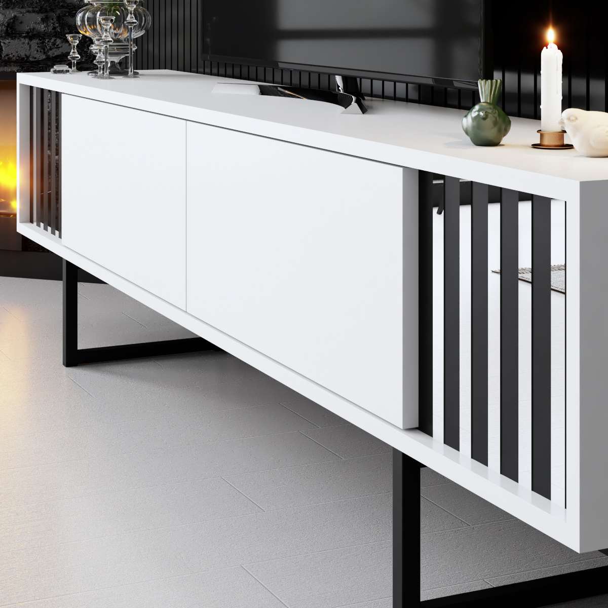 Mobile TV Bianco Cromo Linea 180x48x30 - Telaio Nero