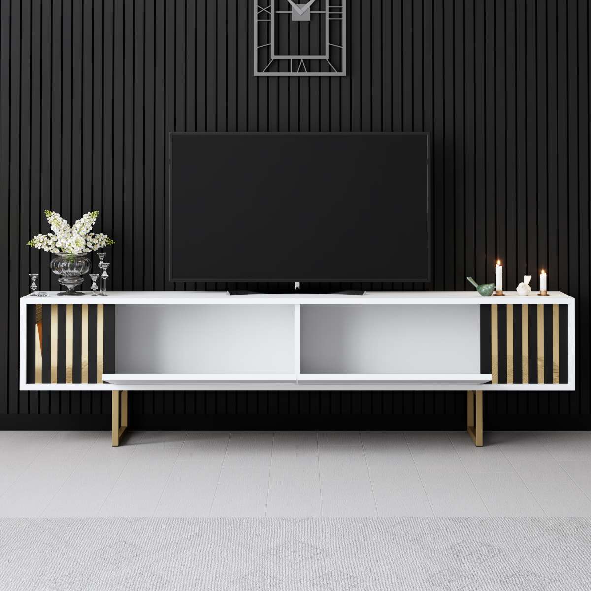 TV Meubels - TV Meubel Wit Gold Line 180x48x30 - Gouden Frame - Dimehouse