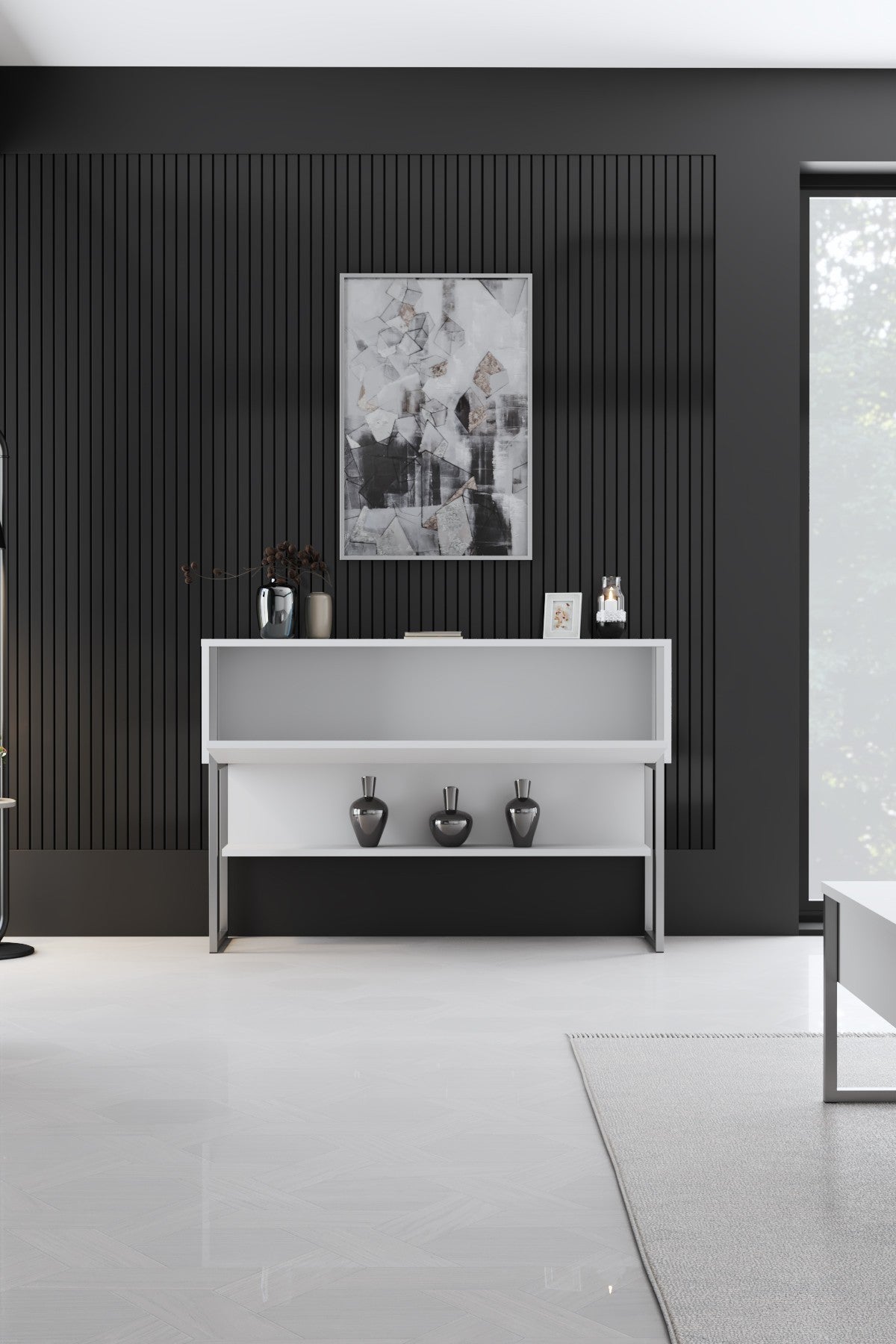 Credenza Moderna Bianca Luxury 120x80x30 - Cornice Argento - Un Vano
