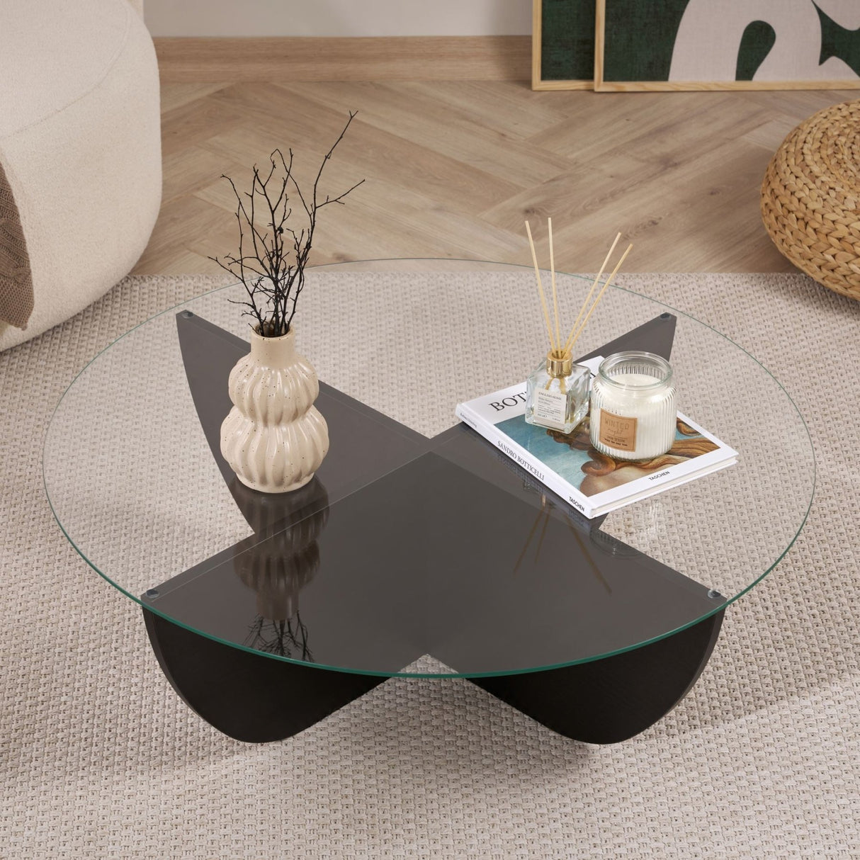 Tavolino Liya ovale aspetto legno nero 90 cm Vetro temperato