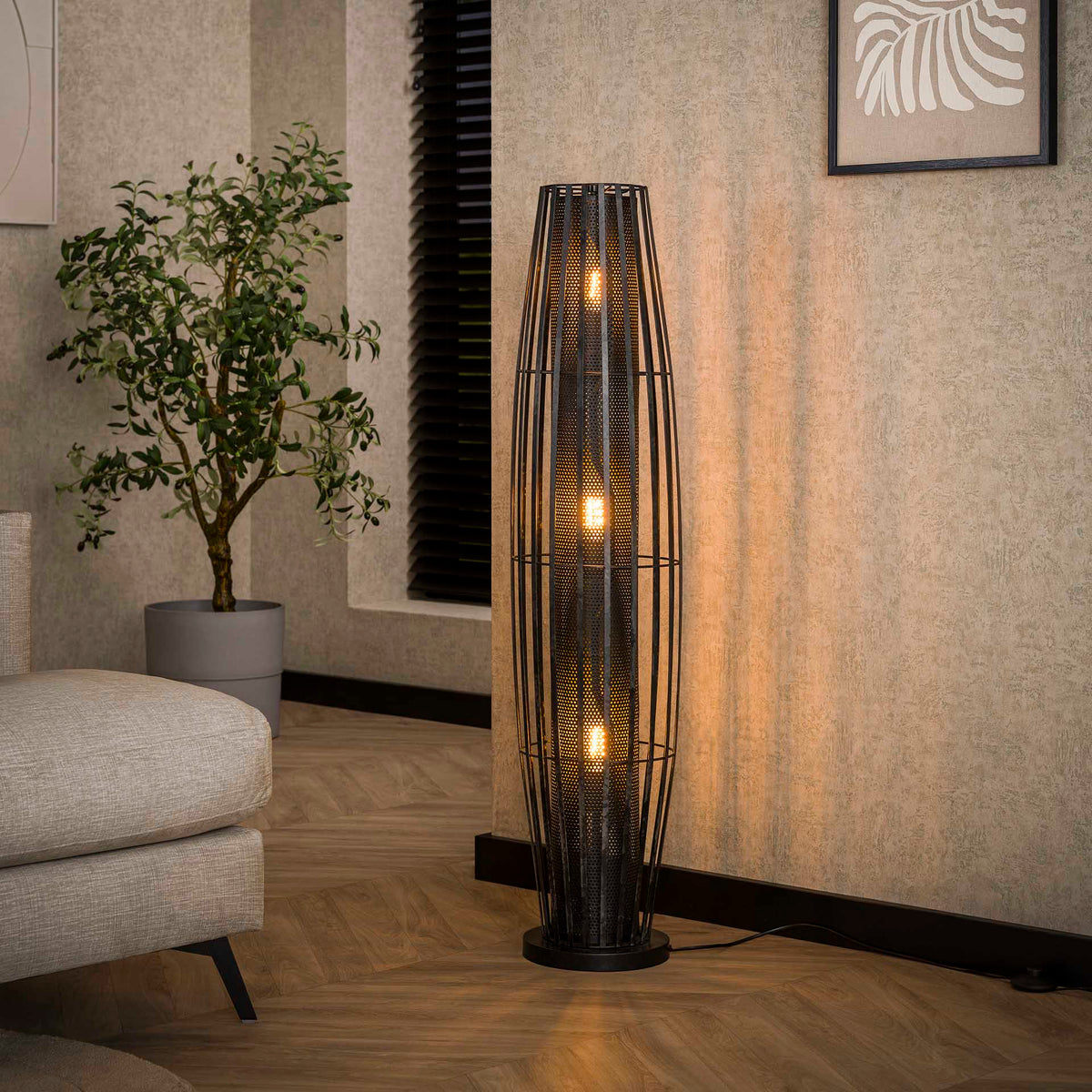 Vloerlampen - Vloerlamp Liora 3 - lichts cylinder mesh zwart 120 cm - Dimehouse