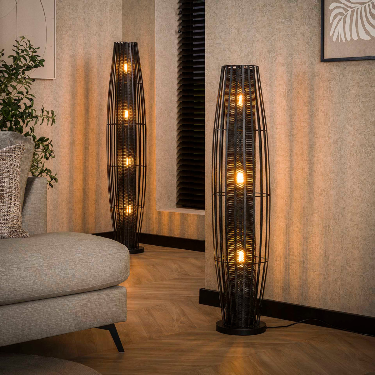 Vloerlampen - Vloerlamp Liora 3 - lichts cylinder mesh zwart 120 cm - Dimehouse