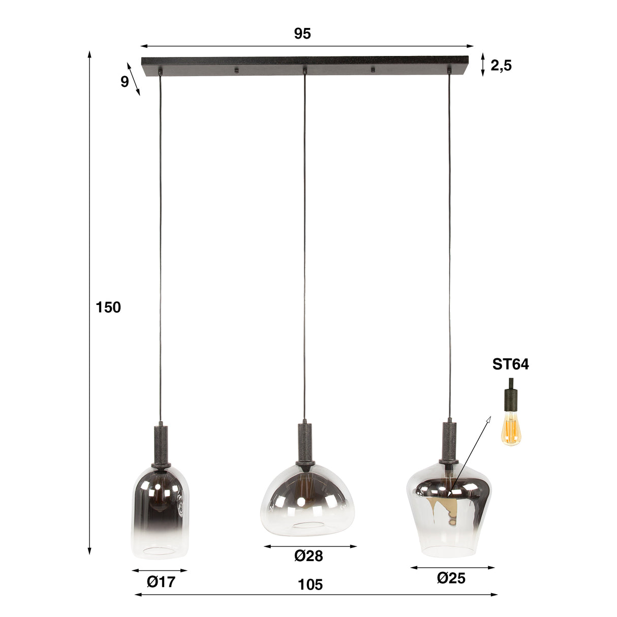Hanglampen - Hanglamp Nexus 3 - lichts Zwart Metaal 105 cm - Dimehouse