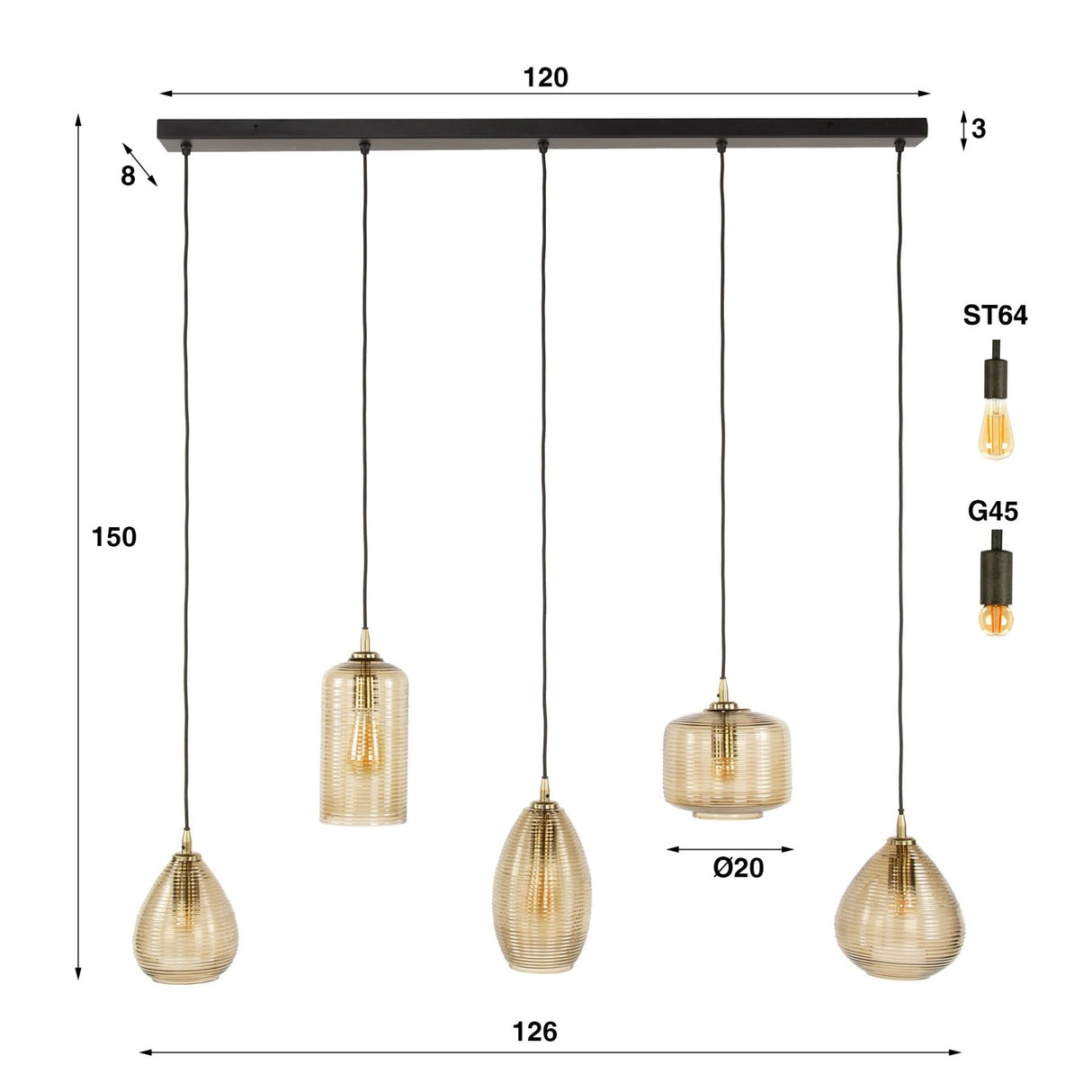 Lampada a sospensione Axis a 5 luci in vetro fumé marrone orizzontale