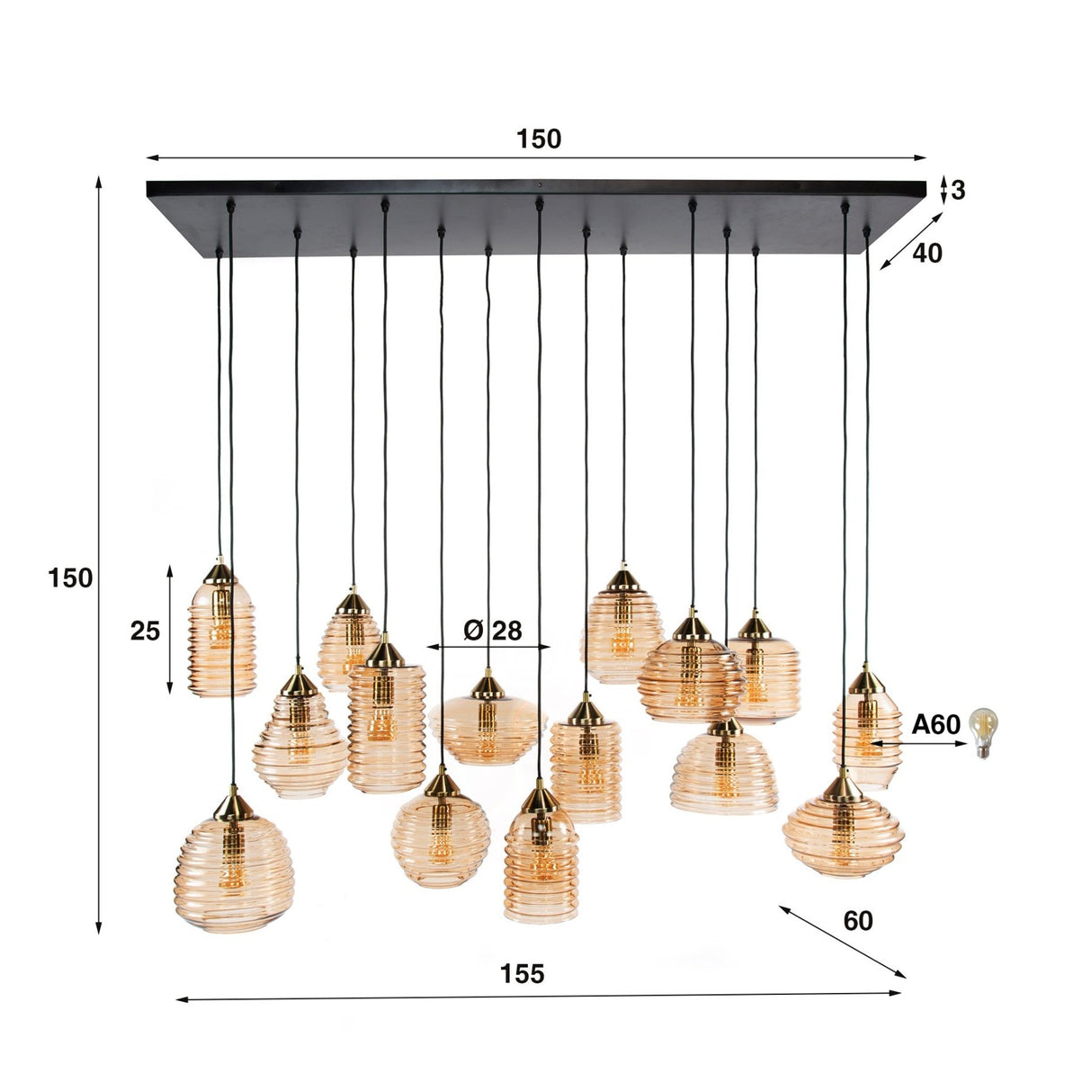 Lampada a sospensione Mali a 15 luci in vetro rigato color ambra