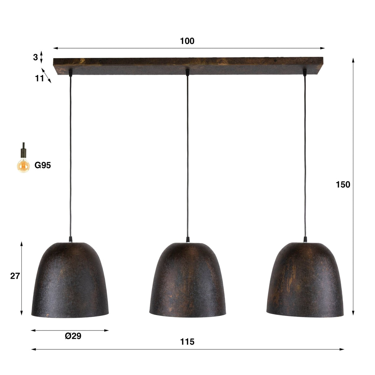 Hanglamp-Hanglamp Nova 3-lichts Smoked Brown metaal-Dimehouse