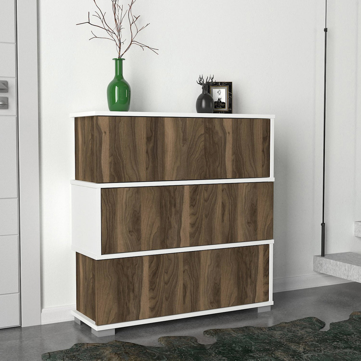 Schoenenkasten - Schoenenkast Napolyon Wit Walnoot Melamine 90x93x30 cm - Dimehouse