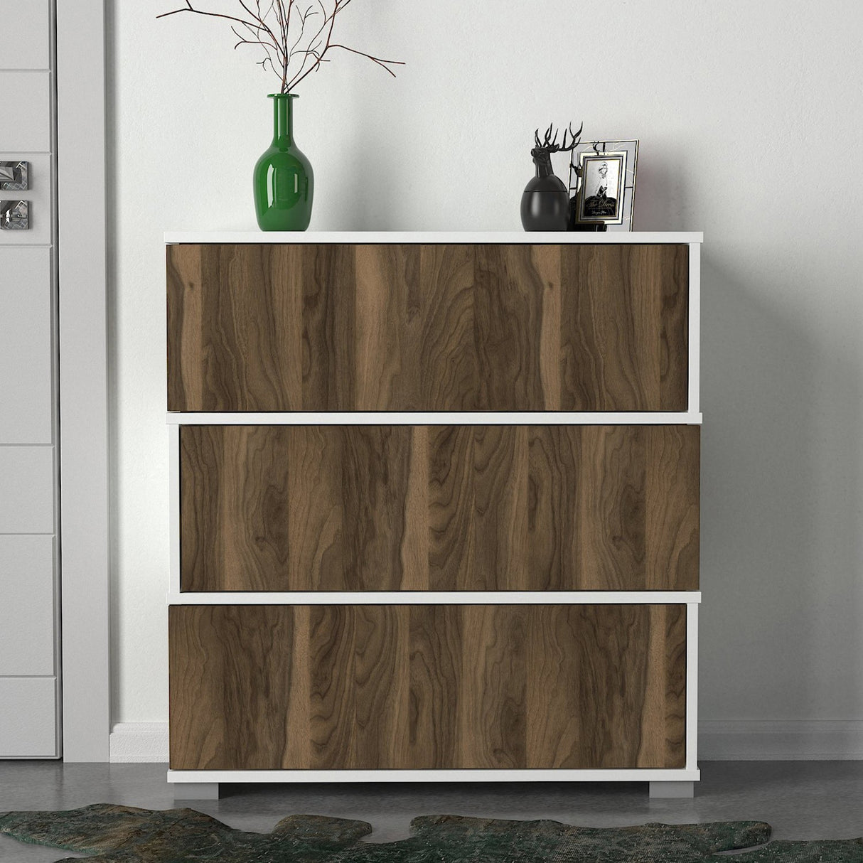 Schoenenkasten - Schoenenkast Napolyon Wit Walnoot Melamine 90x93x30 cm - Dimehouse