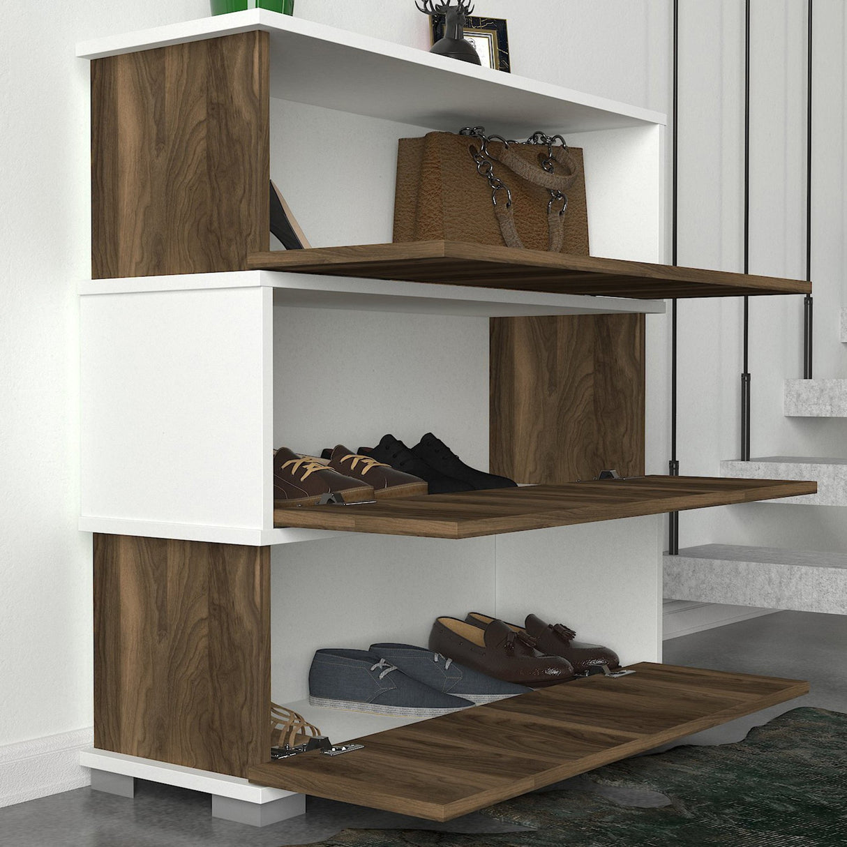 Schoenenkasten - Schoenenkast Napolyon Wit Walnoot Melamine 90x93x30 cm - Dimehouse