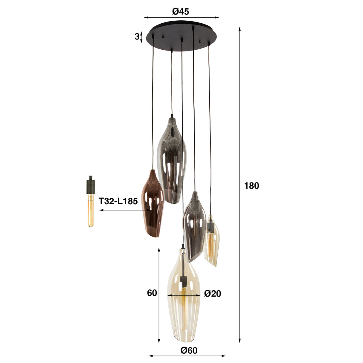 Lampada a sospensione moderna Coco a gradini in vetro colorato a 5 luci