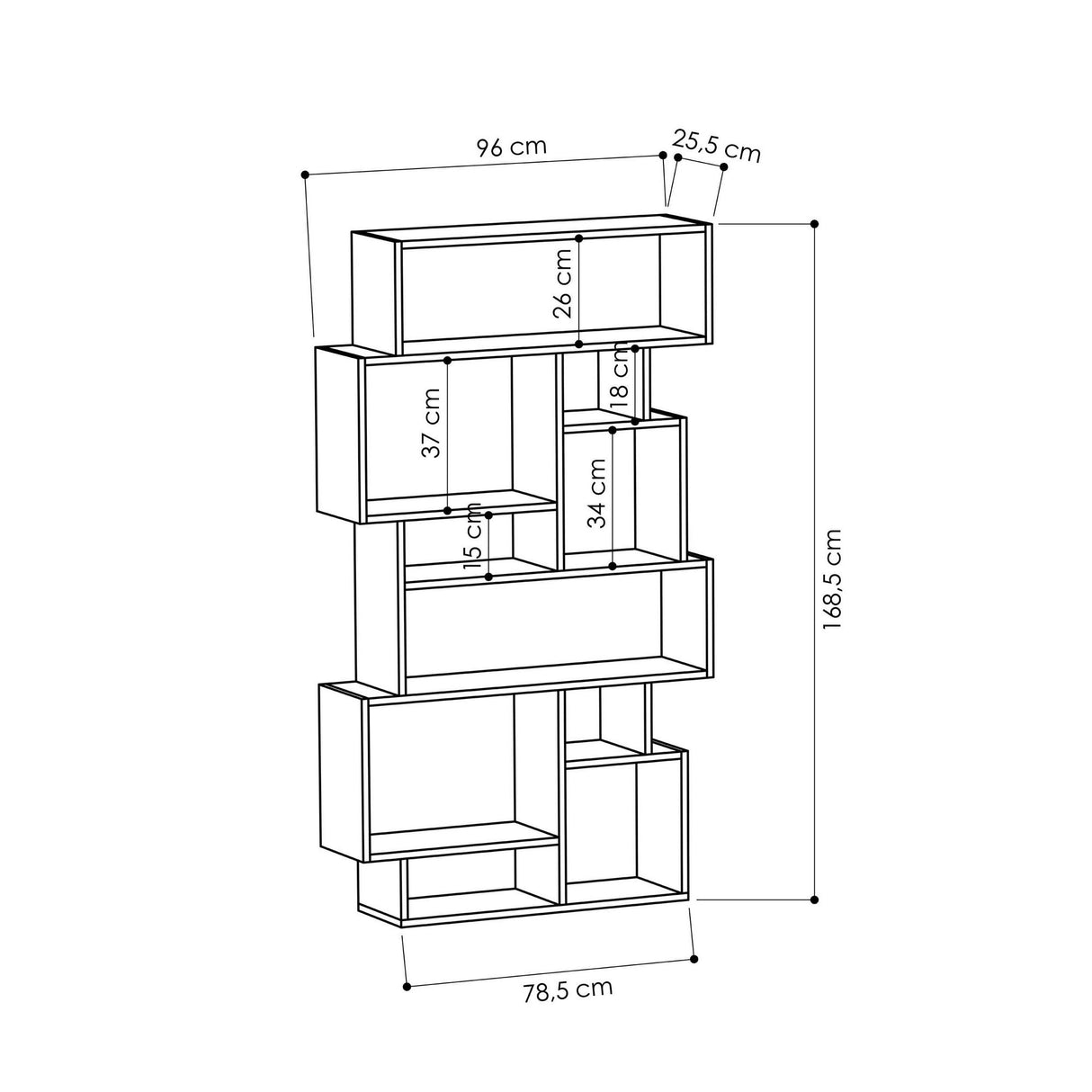 Libreria asimmetrica in melaminico aspetto rovere Karmato 96x168,5x25,5 cm