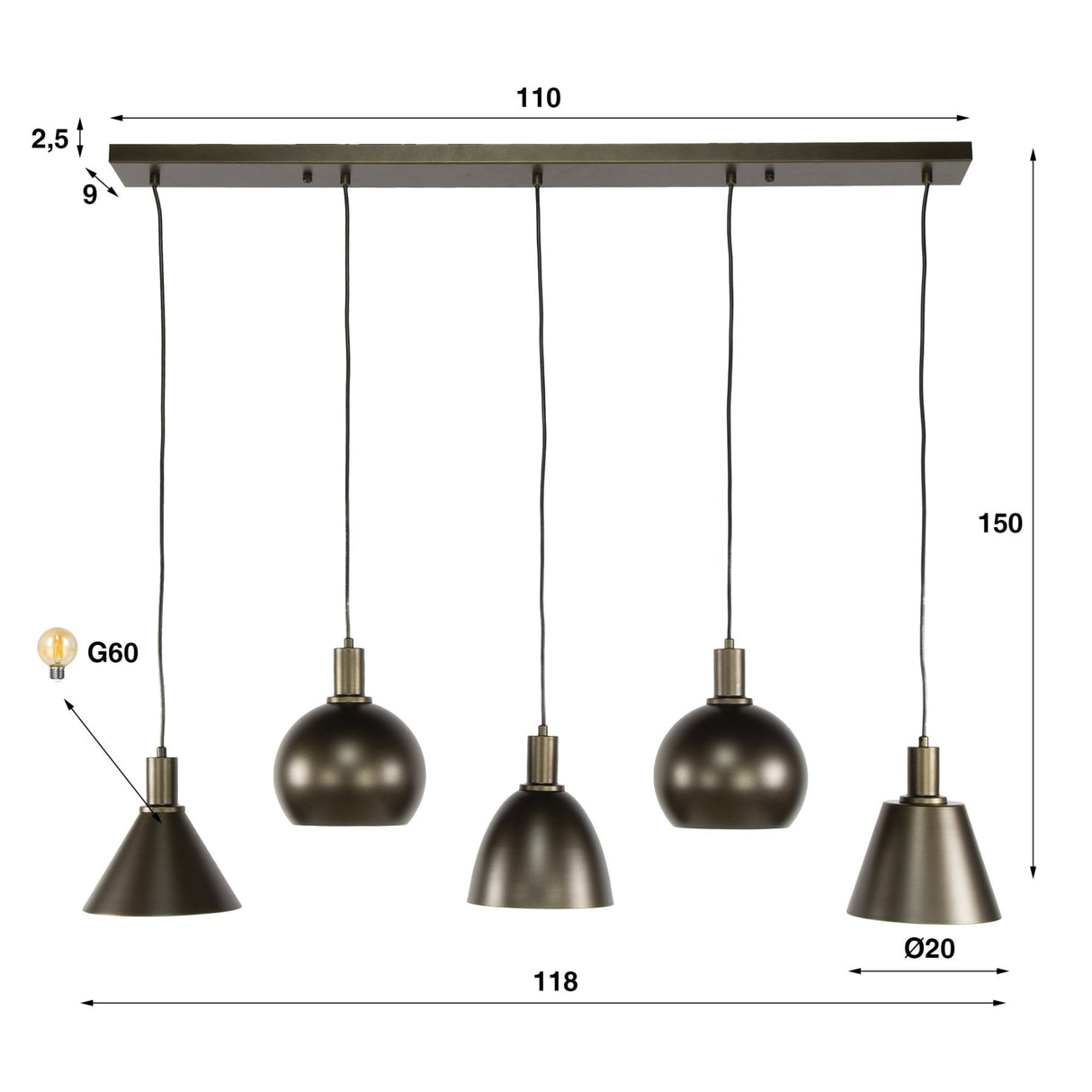 Hanglampen - Hanglamp Sienna 5 - lichts Bruin 120 cm - Dimehouse