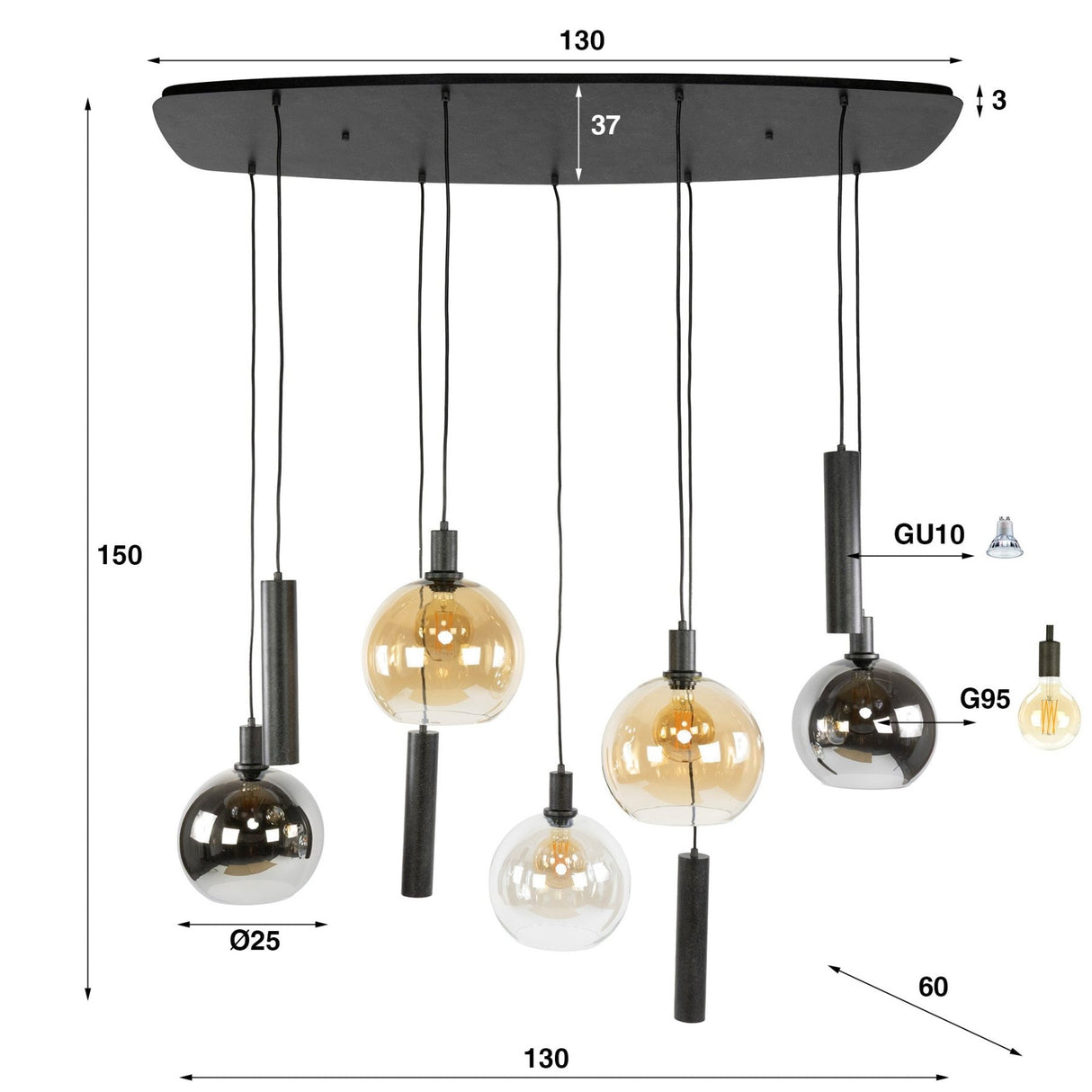 Hanglampen - Hanglamp 9 - lichts gekleurd glas zwart metaal Valeo 110 cm - Dimehouse