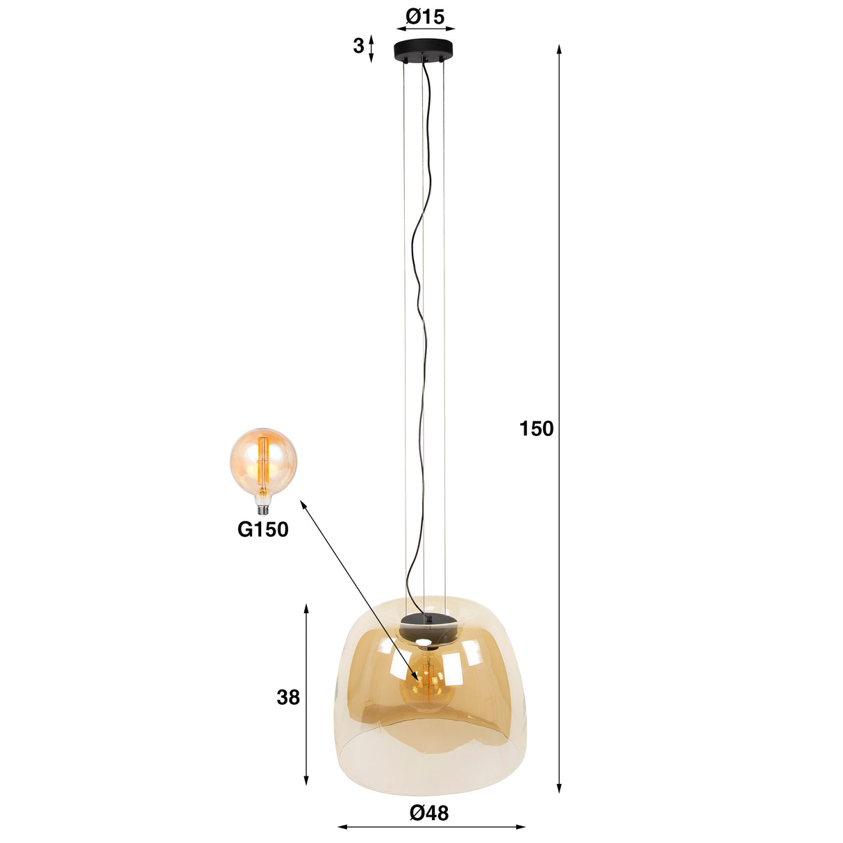 Hanglampen - Hanglamp Dain 1 - lichts XL amberkleurig glas - Dimehouse