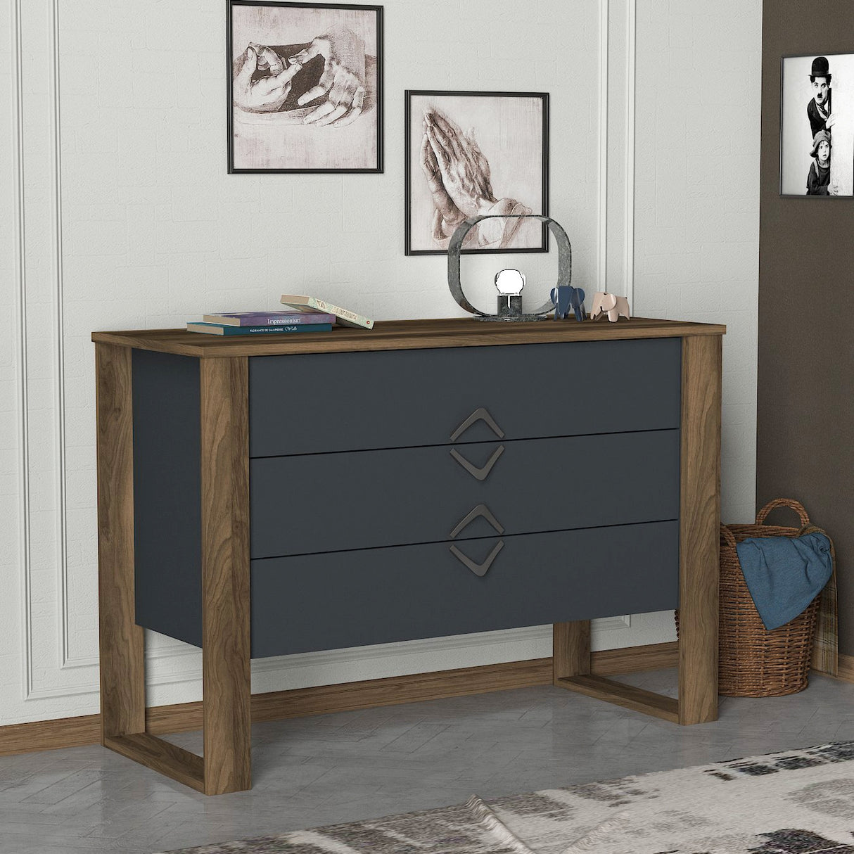 Ladekasten - Ladekast Bumerang Walnoot Antraciet Melamine 110x76x44,8 cm - Dimehouse