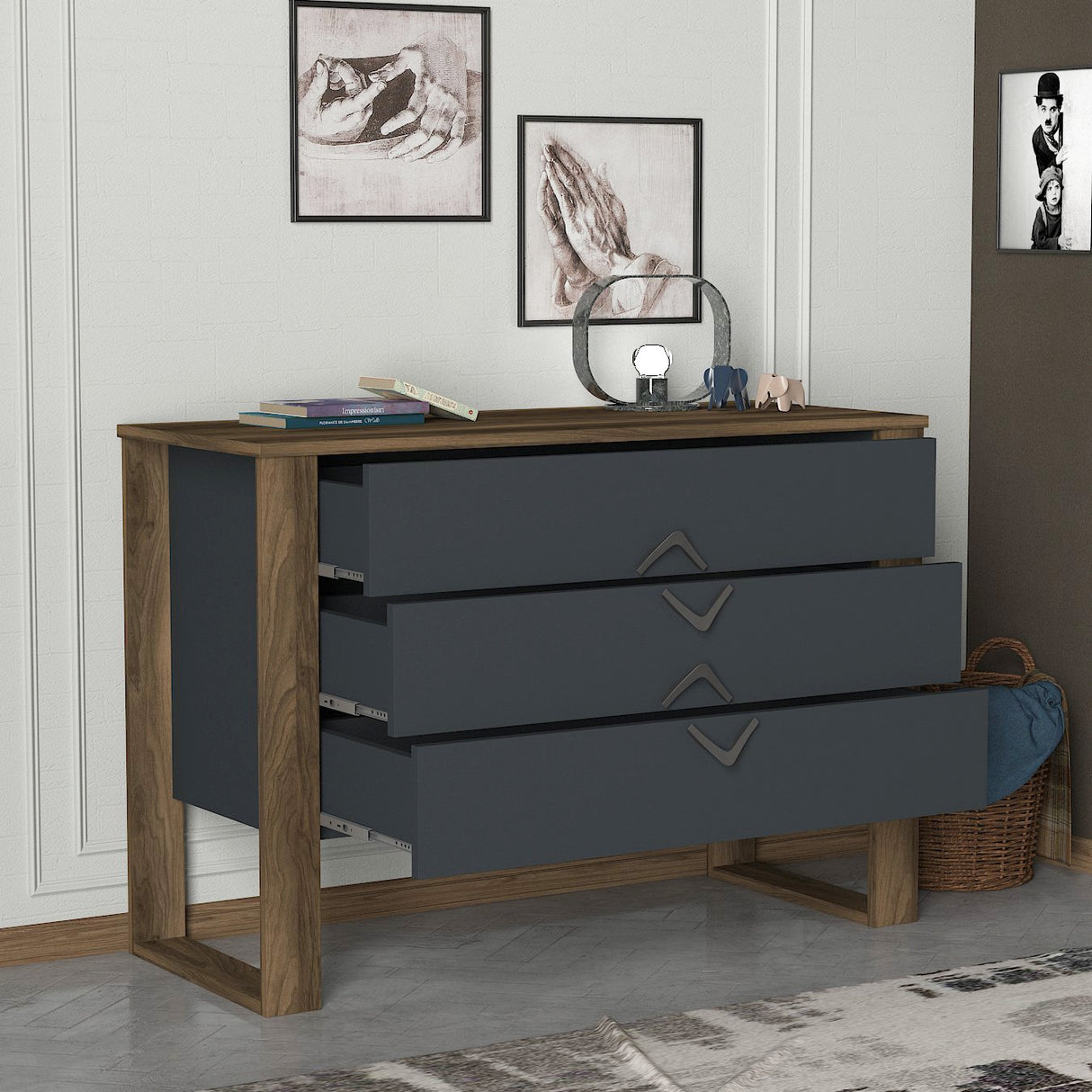 Ladekasten - Ladekast Bumerang Walnoot Antraciet Melamine 110x76x44,8 cm - Dimehouse