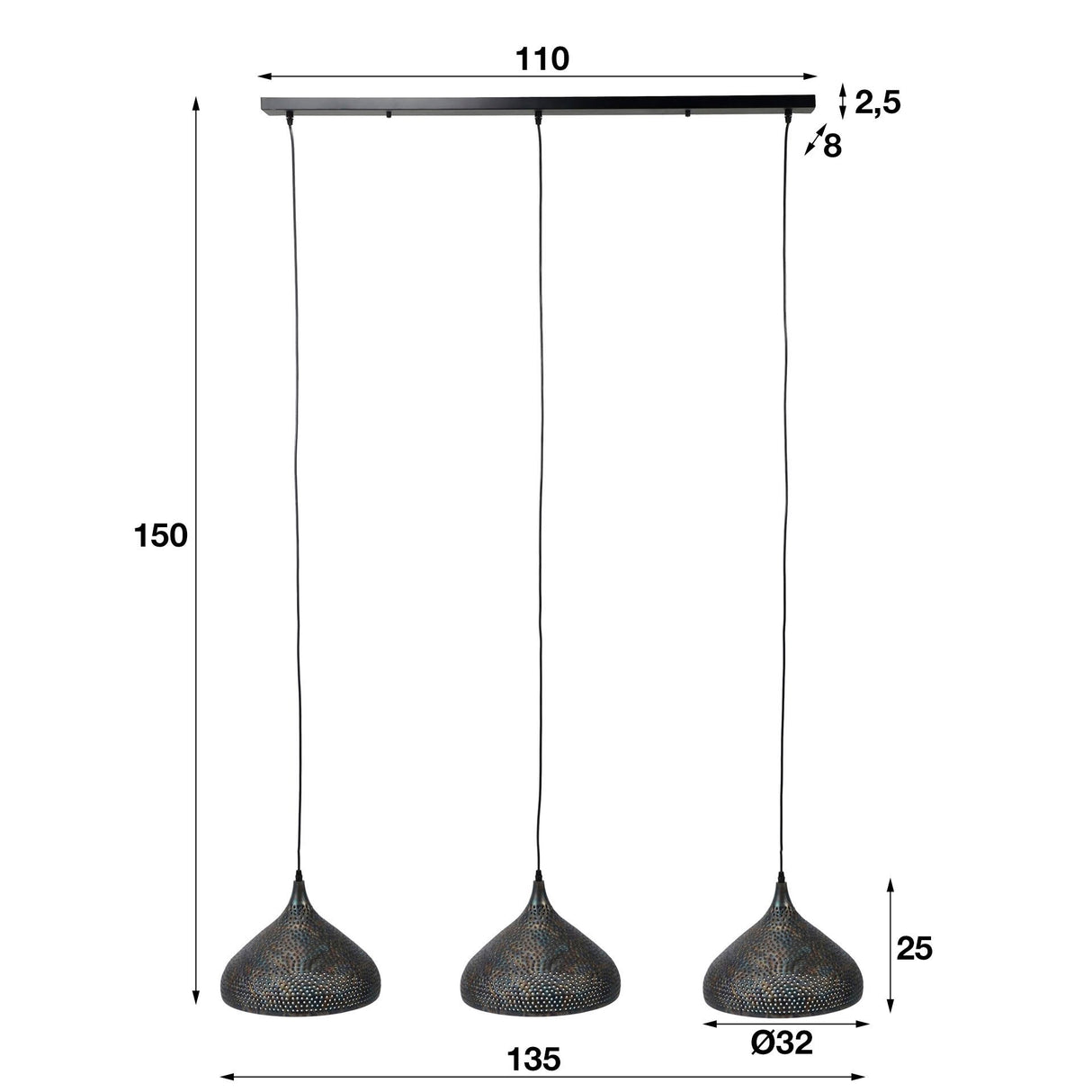 Lampada a sospensione Aya 3 Funnel DH Interior Marrone LxPxH 114x40x31 Marrone nero Indicazione dimensione foto bianca