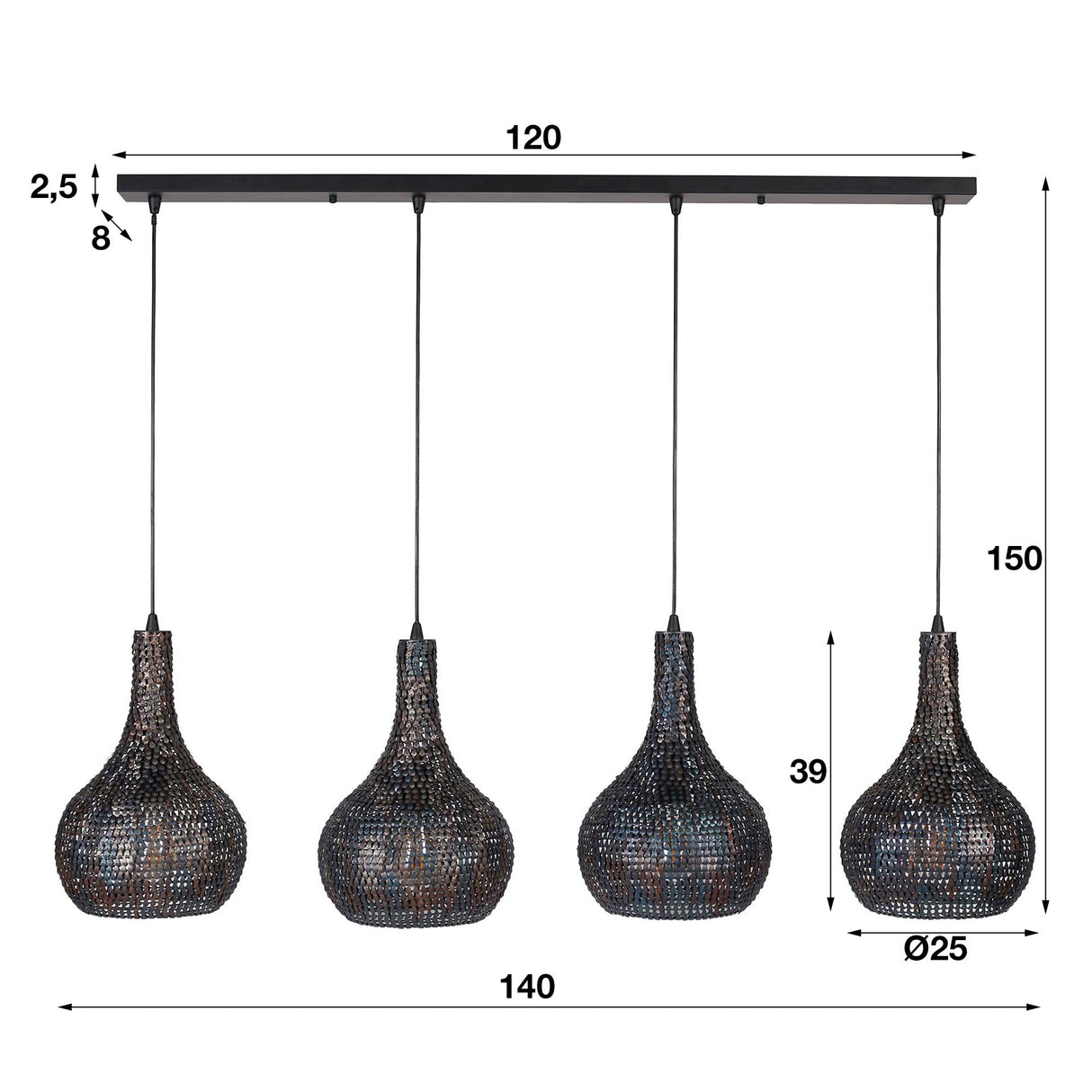 Lampada a sospensione Armoor DH Interior Marrone LxPxH 122x46x28 Marrone nero Bianco Indicazione dimensione foto