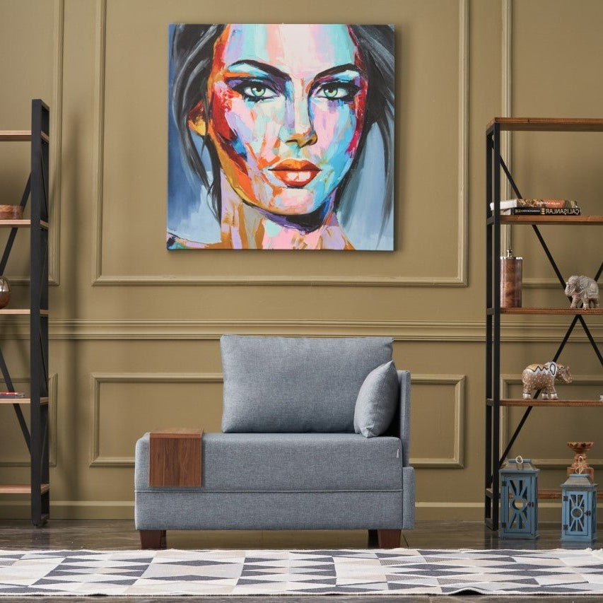 Fauteuils - Moderne Fauteuil Blauw Stof Fly - Rechts - Met Houten Tafeltje - Dimehouse