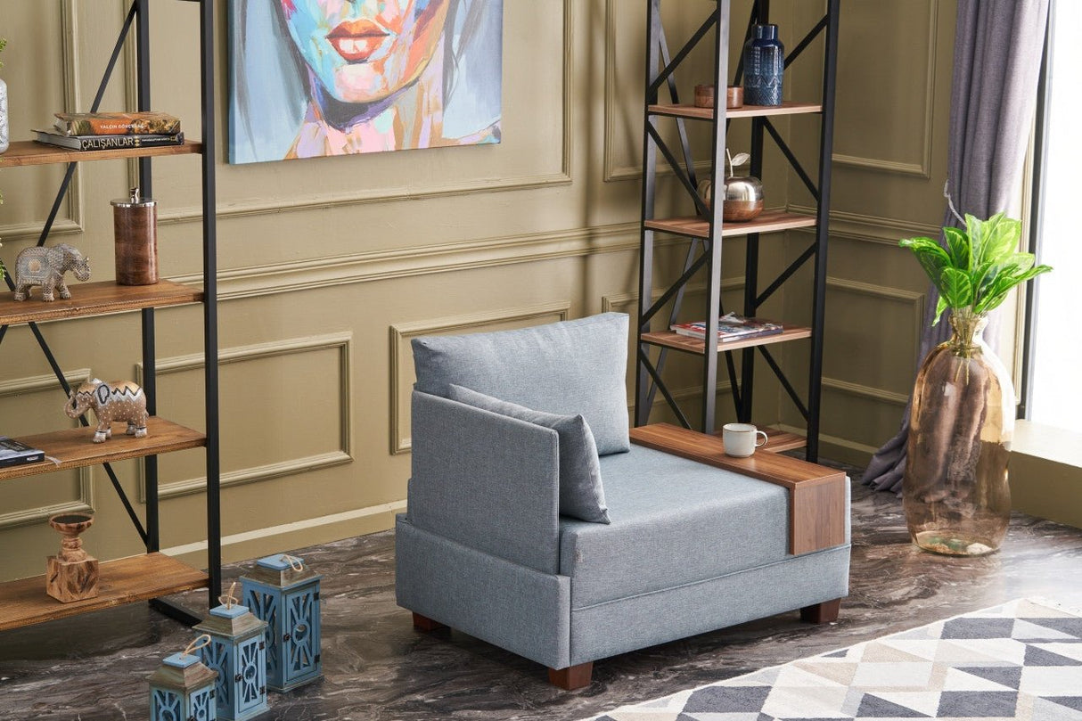 Poltrona Moderna Tessuto Blu Fly - Sinistra - Con Tavolino in Legno