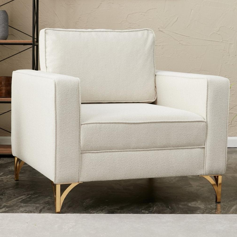 Poltrona moderna in tessuto bouclé color crema con gambe della sedia oro Berlin