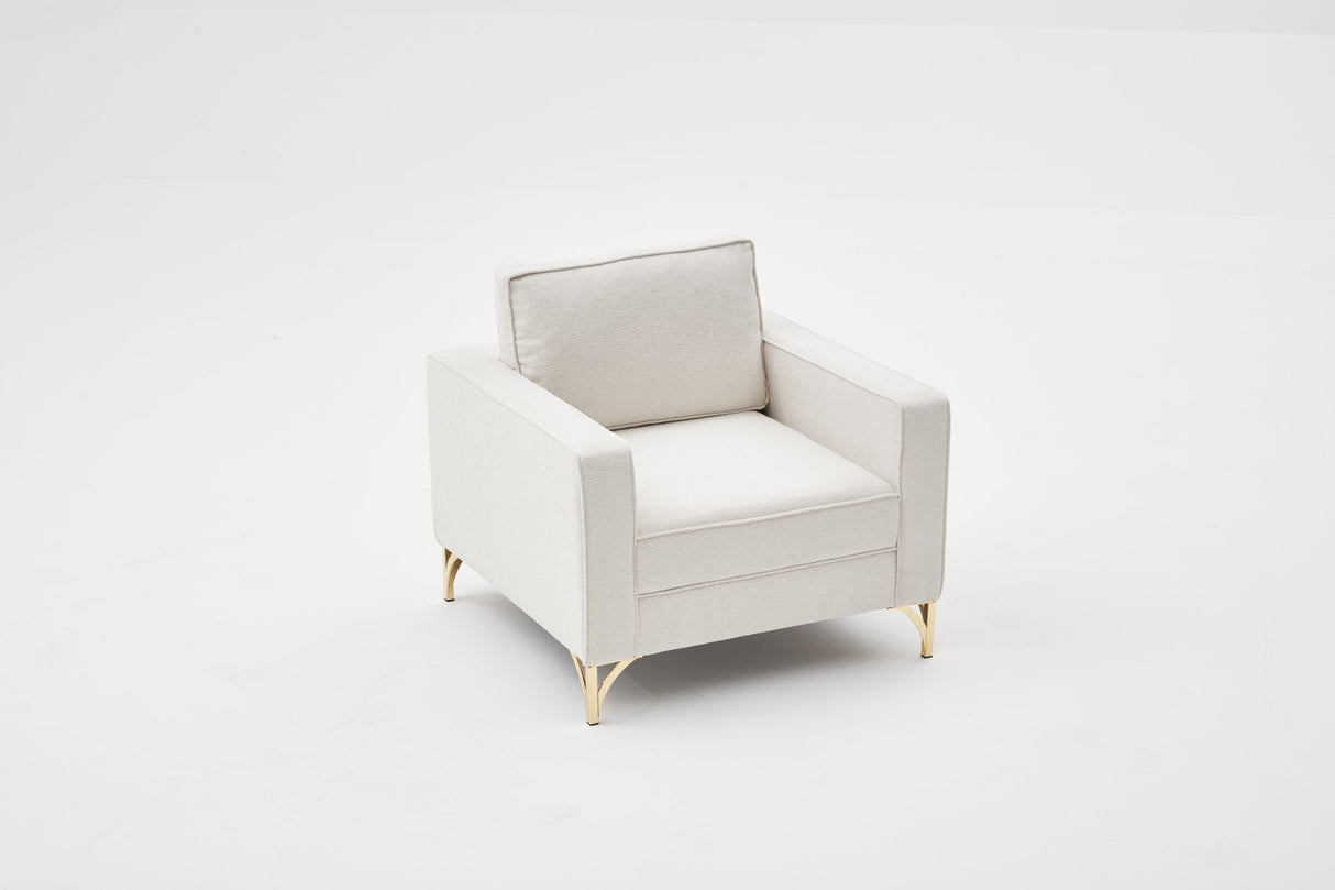 Poltrona moderna in tessuto bouclé color crema con gambe della sedia oro Berlin
