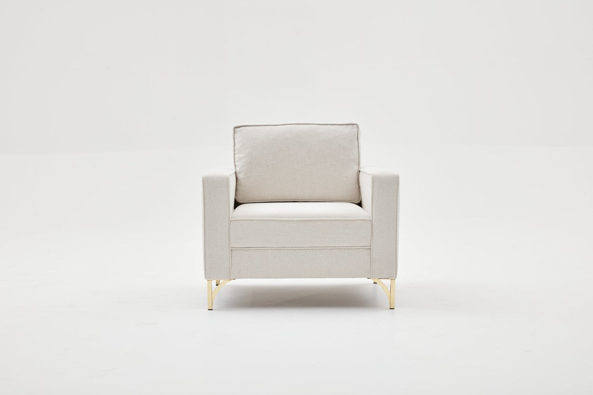 Poltrona moderna in tessuto bouclé color crema con gambe della sedia oro Berlin