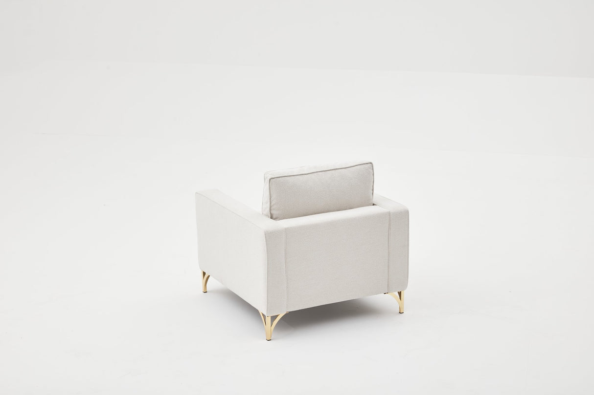 Poltrona moderna in tessuto bouclé color crema con gambe della sedia oro Berlin