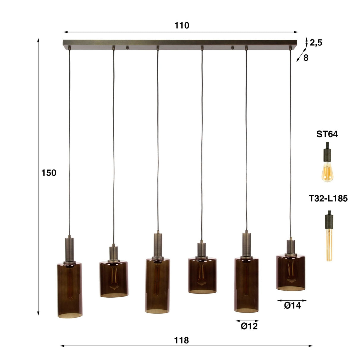 Hanglampen - Moderne Hanglamp Aureo 6 - lichts Sienna Bruin 118 cm - Dimehouse