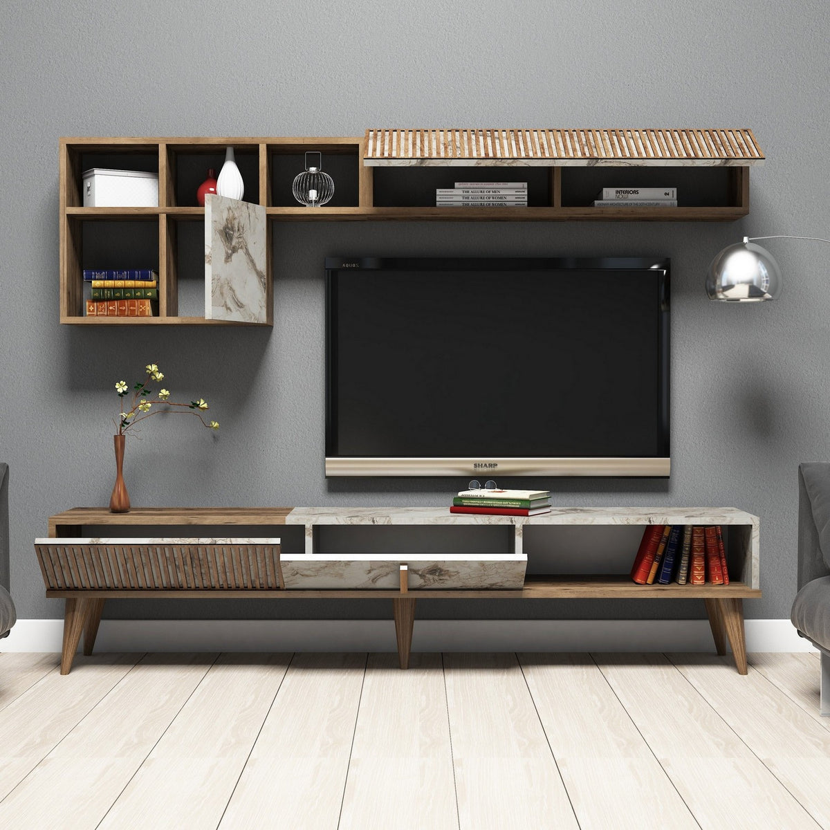 TV Meubels - TV Meubel Set Milan Walnoot Wit Marmer Melamine 180x40x35 cm - Dimehouse