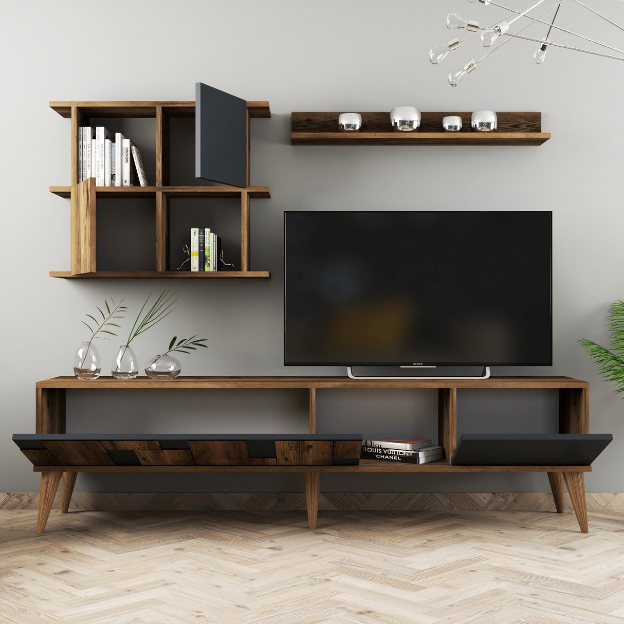 TV Meubels - TV Meubel Set Madrid Walnoot Antraciet Melamine 180x48,6x33,8 cm - Dimehouse