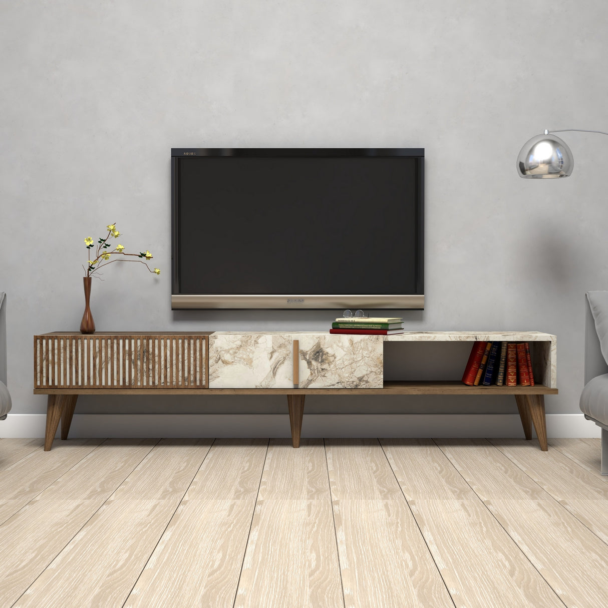 Mobile TV Milano Noce Marmo Bianco Melaminico 180x40x35 cm
