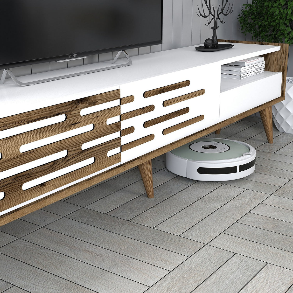 TV Meubels - TV Meubel Set Valensiya Walnoot Wit Melamine 180x35x45 cm - Dimehouse