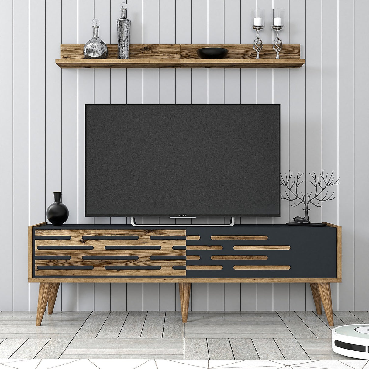 TV Meubels - TV Meubel Set Valensiya Walnoot Antraciet Melamine 140x35x45 cm - Dimehouse