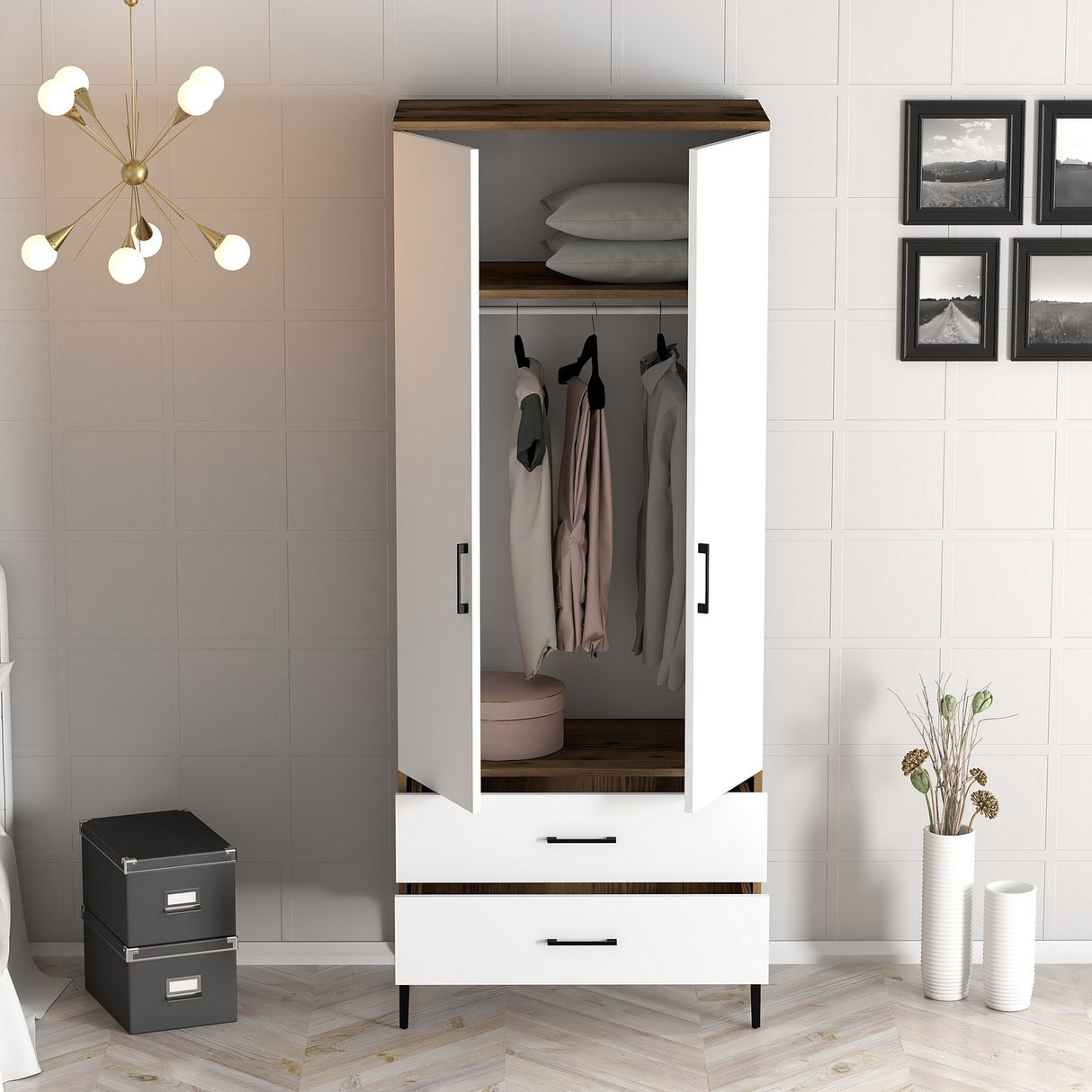 Kledingkasten - Kledingkast Kumsal T Walnoot Wit Melamine 80x47,5x201,4 cm - Dimehouse