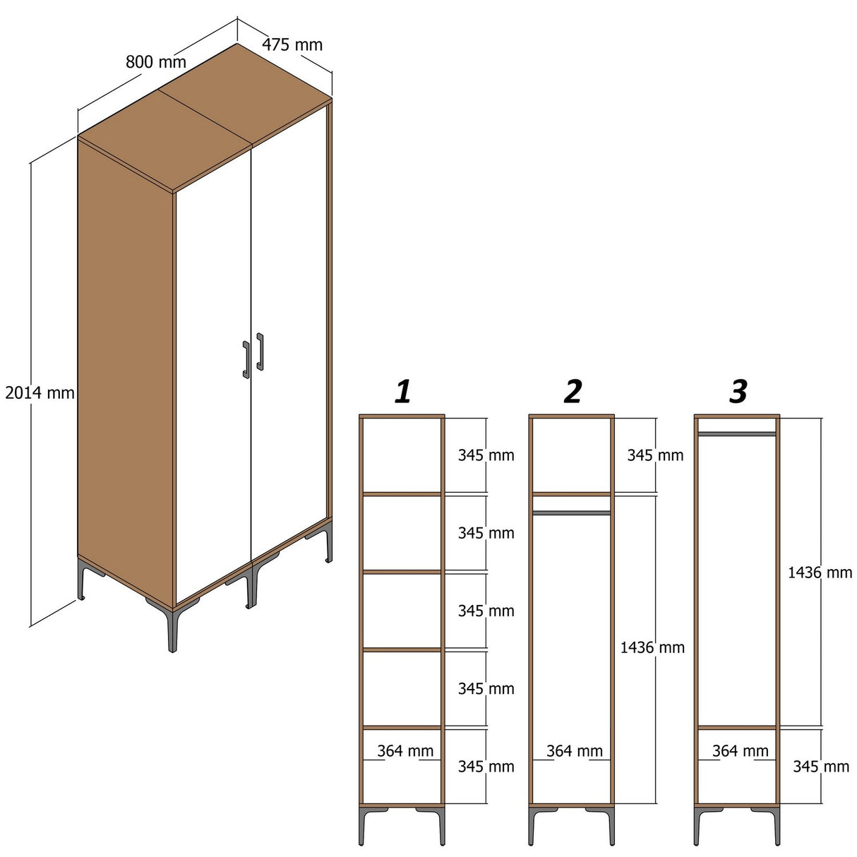 Armadio Kumsal PS Noce Antracite Melaminico 80x47,5x201,4 cm