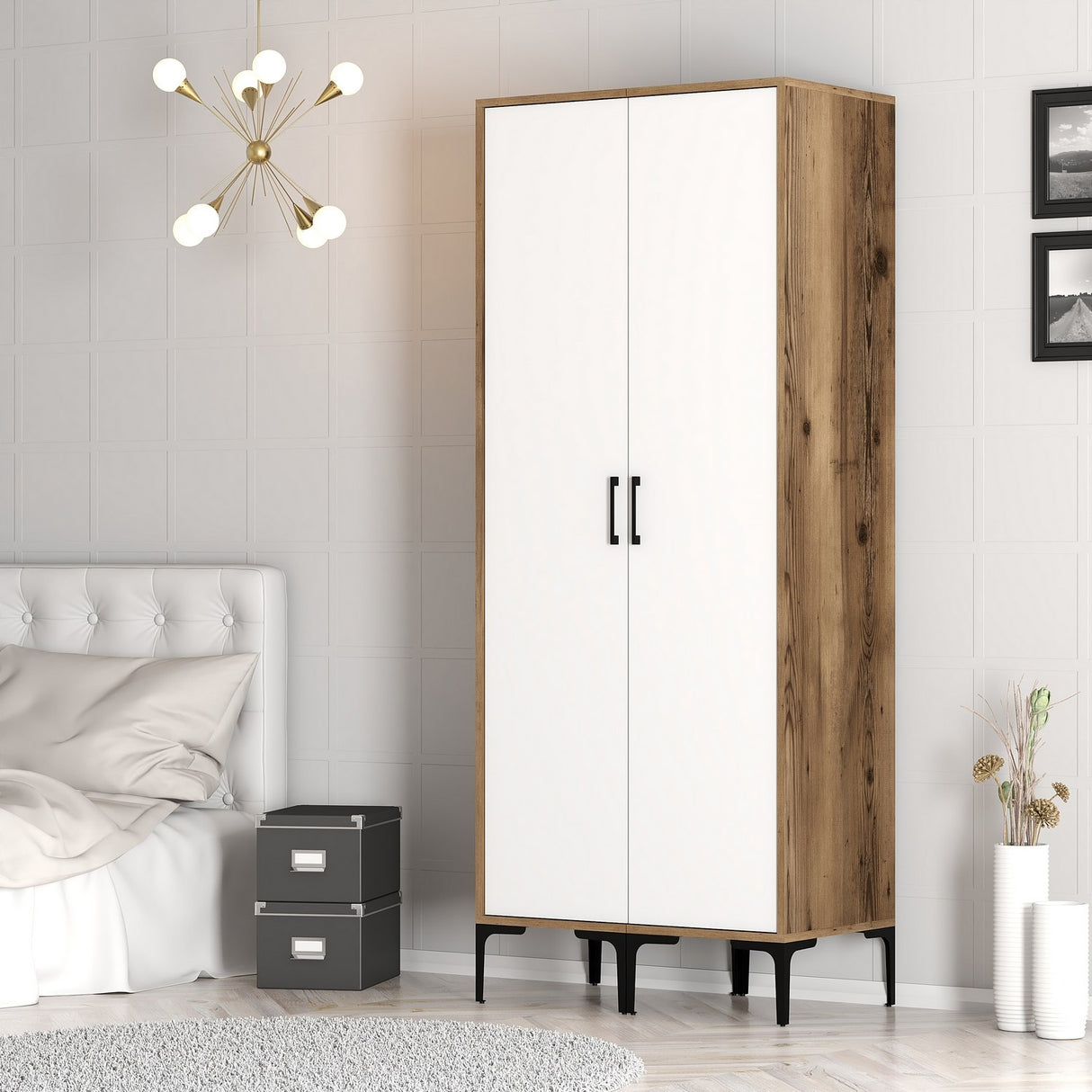 Kledingkasten - Kledingkast Kumsal SS Walnoot Wit Melamine 80x47,5x201,4 cm - Dimehouse