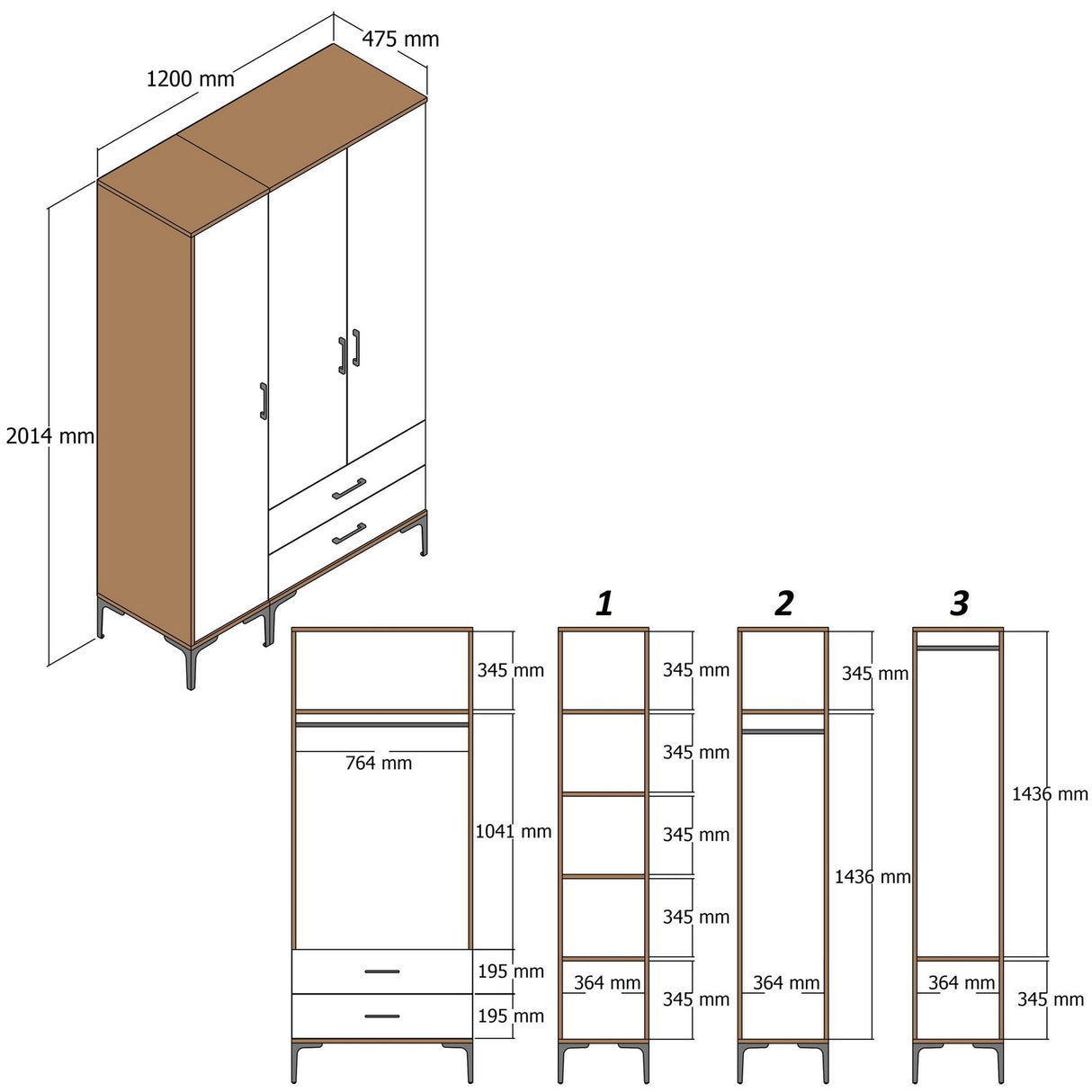 Kledingkasten - Kledingkast Kumual ST Walnoot Wit Melamine 120x47,5x201,4 cm - Dimehouse