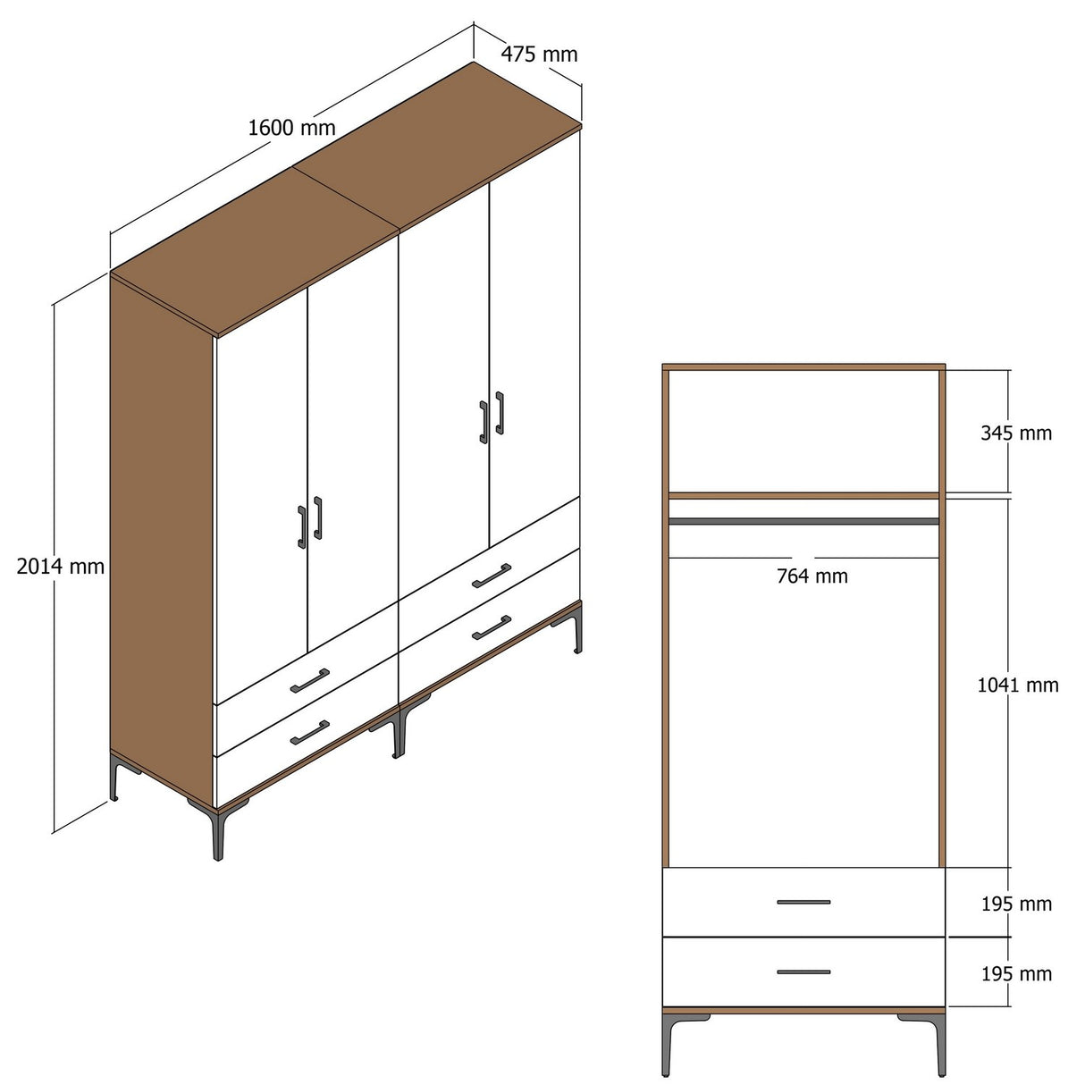 Kledingkasten - Kledingkast Walnoot en Antraciet Melamine - hang en leg - 160x 200 x 47 cm - Kumsal - Dimehouse