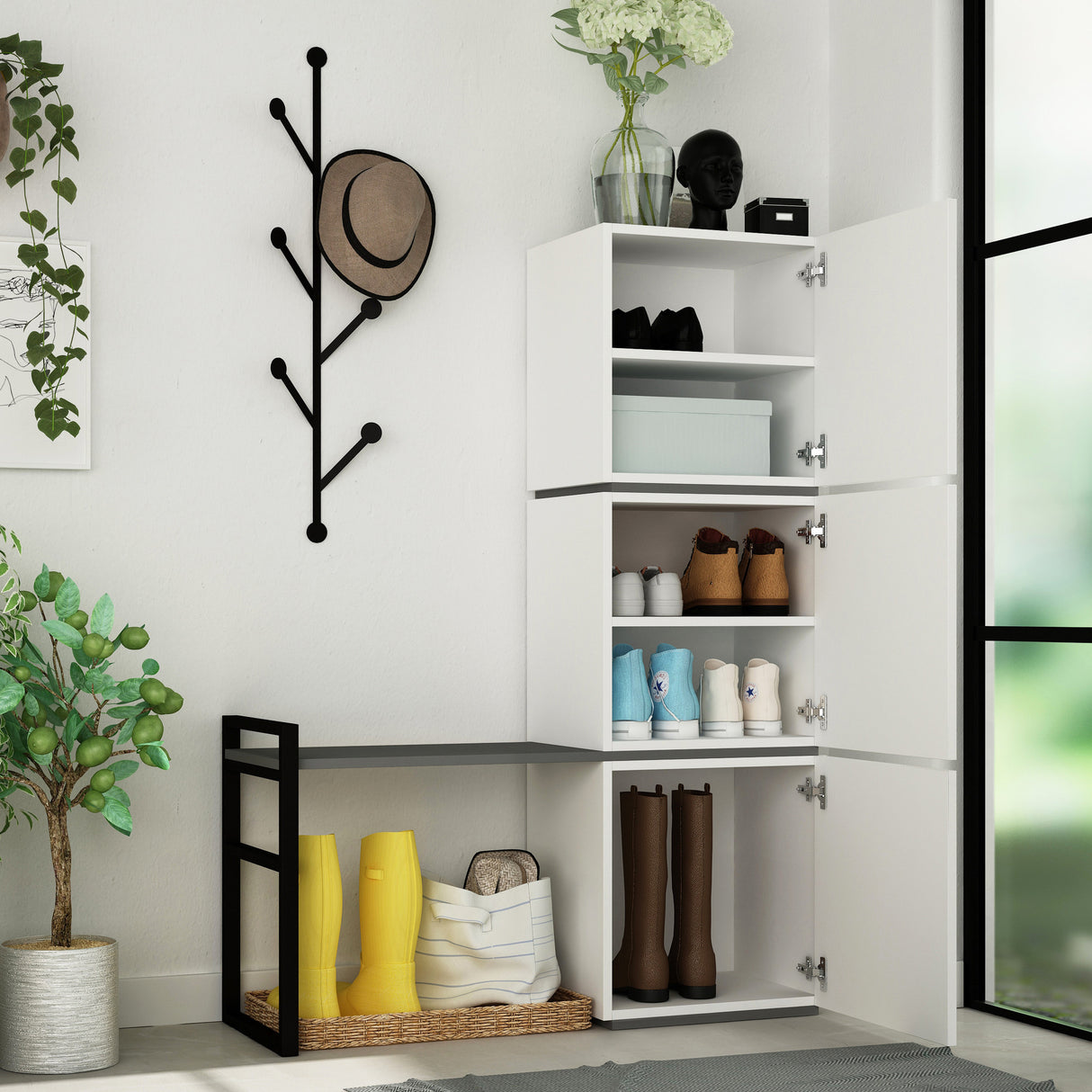 Schoenenkasten - Schoenenkast Mello Wit Antraciet Melamine 109x149x39 cm - Dimehouse