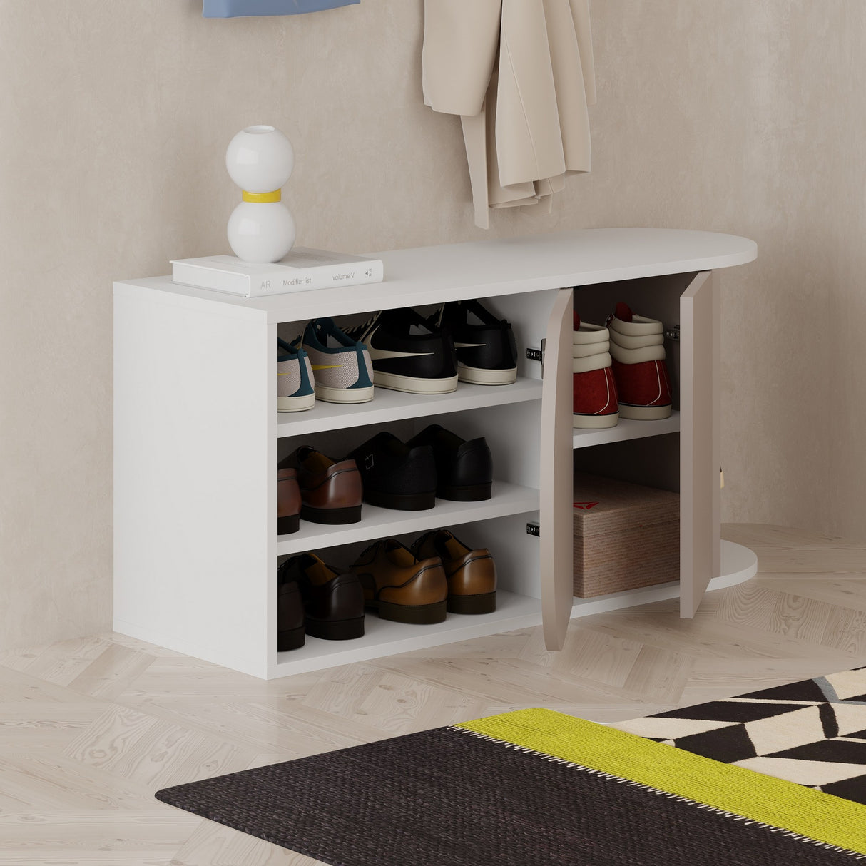 Schoenenkasten - Schoenenkast Nova Shoe Bench Mokka Wit Melamine 104x50x37 cm - Dimehouse