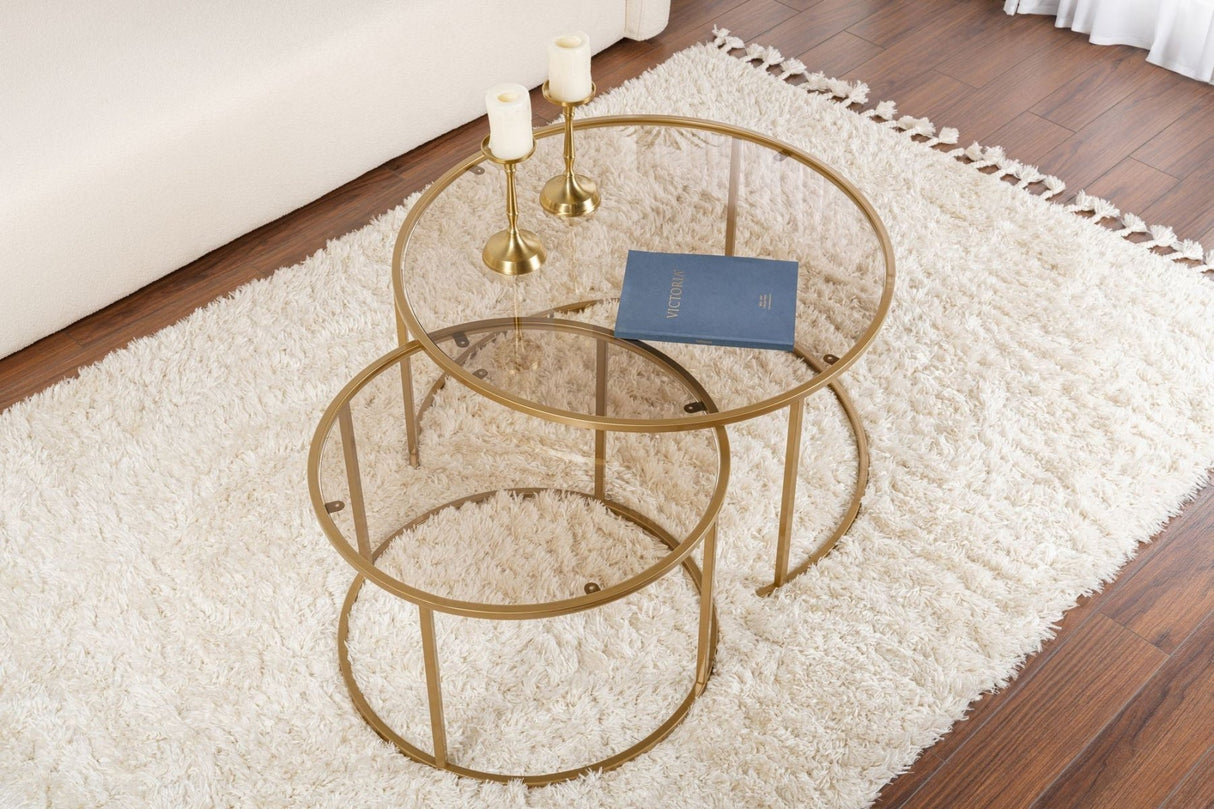 Salontafels - Moderne Ronde Salontafel Set van 2 Uru Goud - Brons Glas - 80/60 cm - Dimehouse