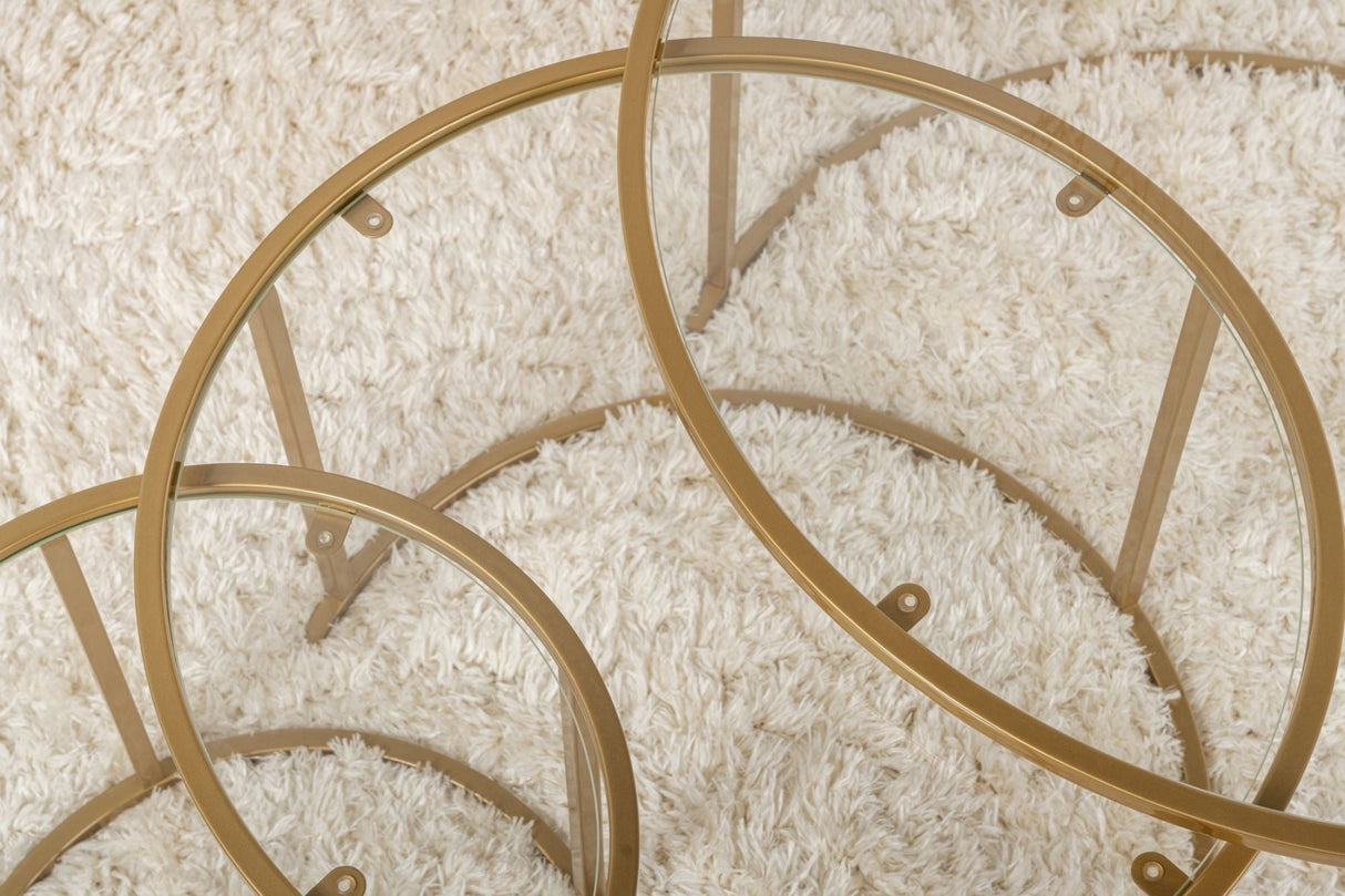 Salontafels - Moderne Ronde Salontafel Set van 3 Uru Goud - Transparant Glas - 80/60/42 cm - Dimehouse