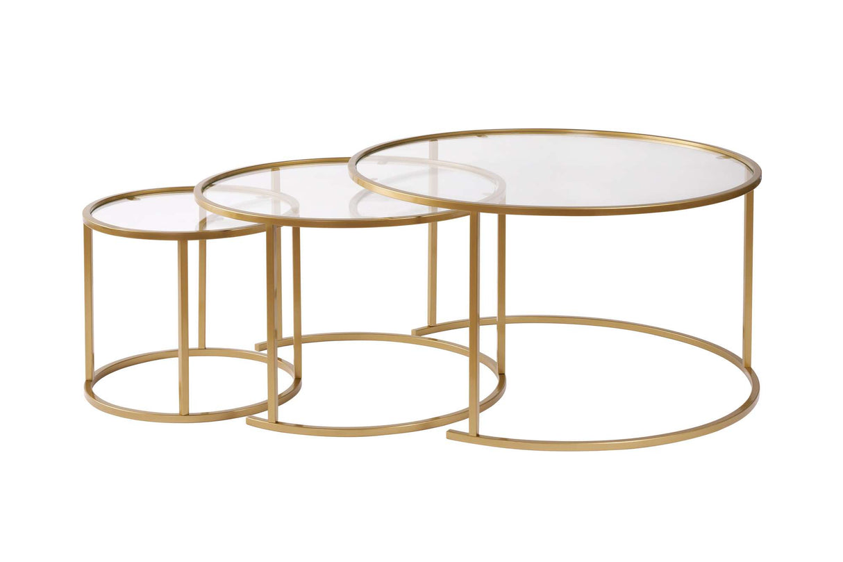 Salontafels - Moderne Ronde Salontafel Set van 3 Uru Goud - Transparant Glas - 80/60/42 cm - Dimehouse